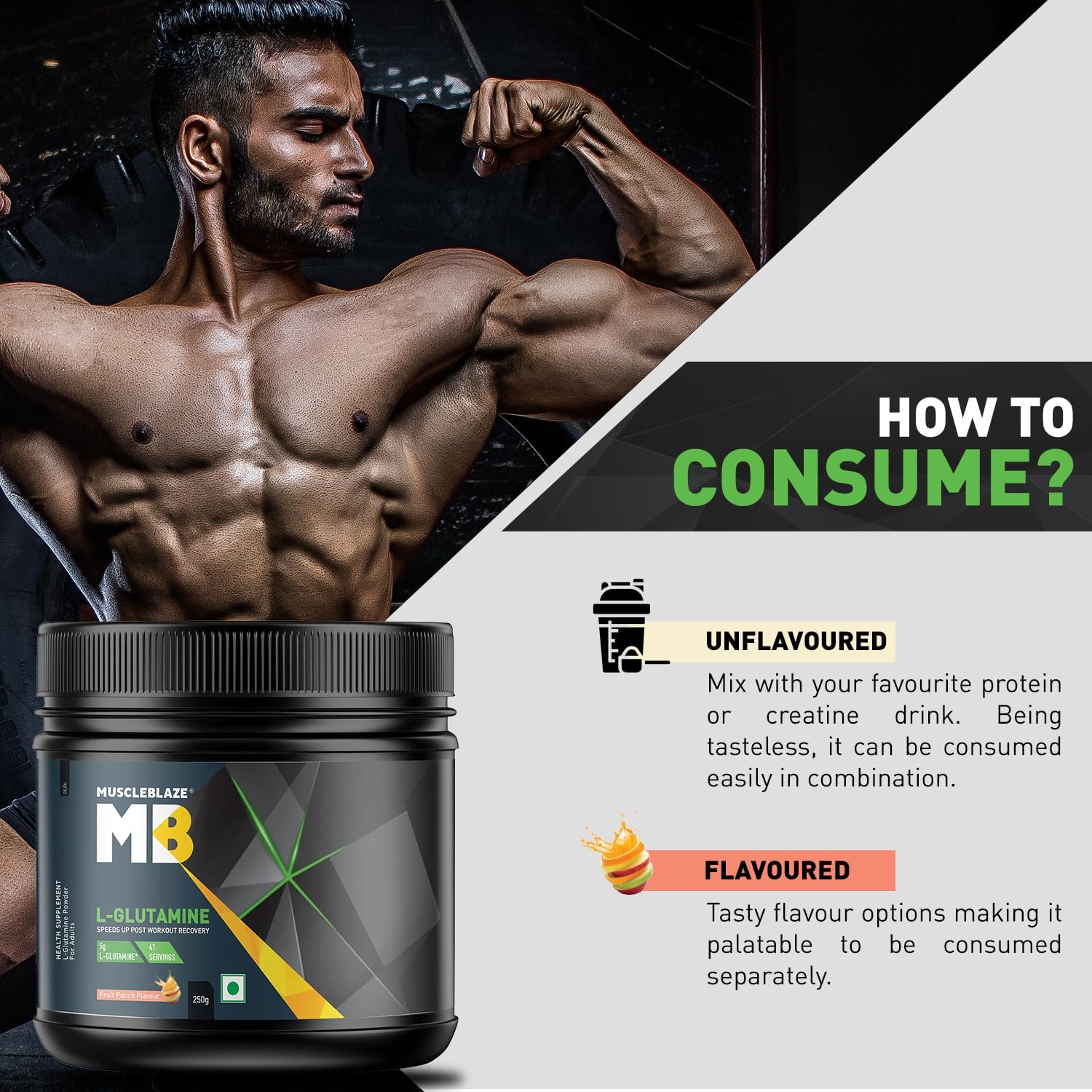 پودر ال-گلوتامین MuscleBlaze، 250 گرم، 41 وعده، طعم فروت پانچ