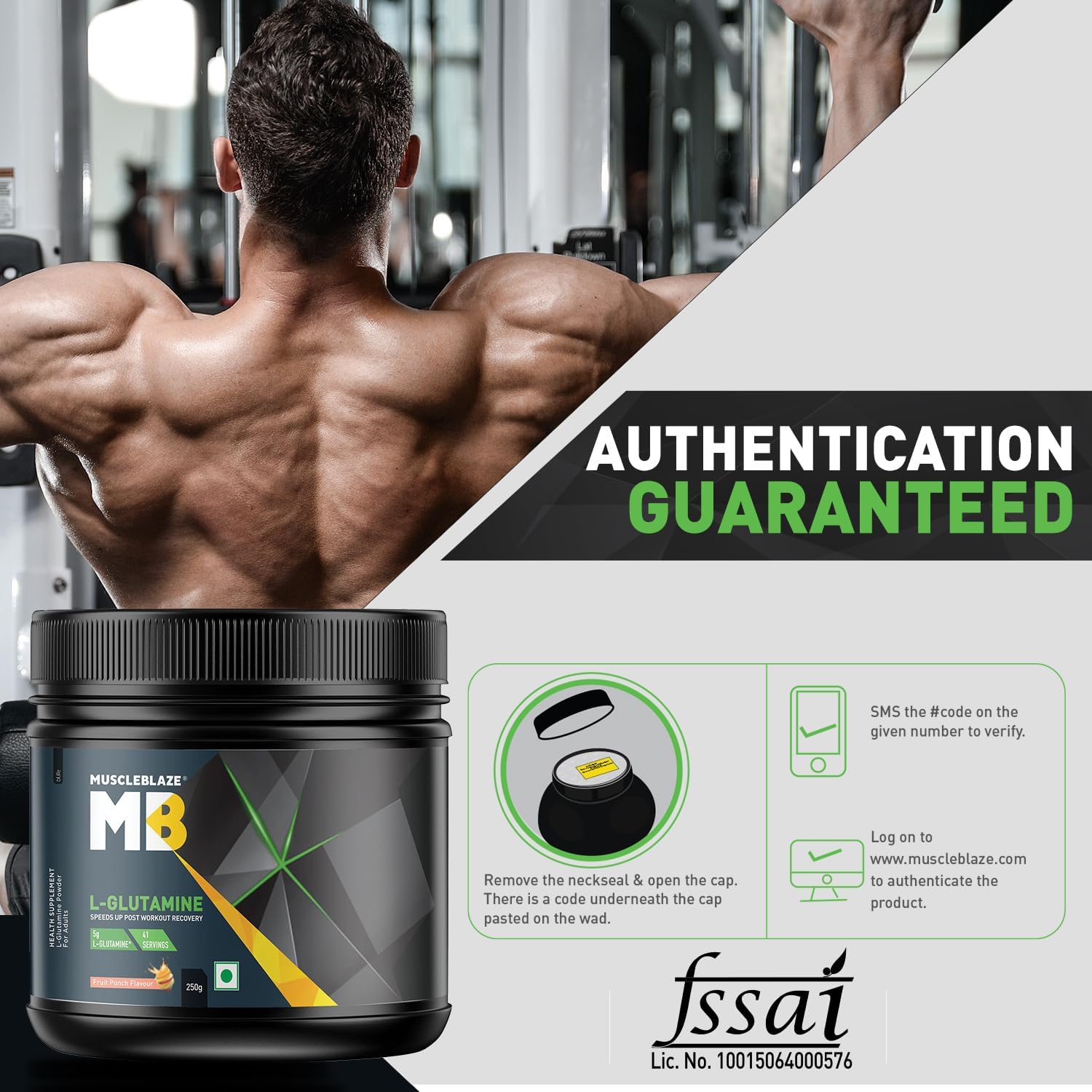پودر ال-گلوتامین MuscleBlaze، 250 گرم، 41 وعده، طعم فروت پانچ