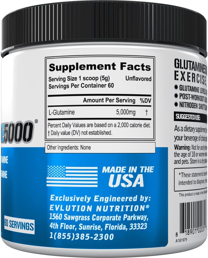 پودر ال-گلوتامین Evlution مدل Glutamine 5000، 300 گرم، بدون طعم