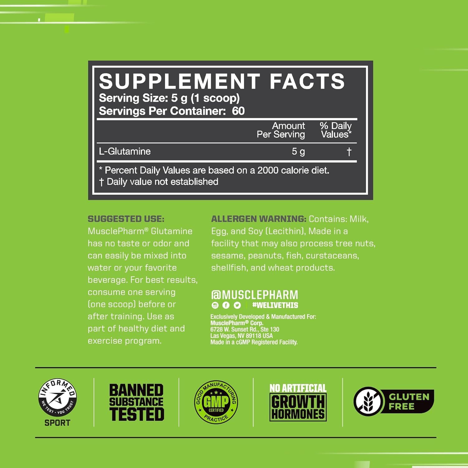 پودر ال-گلوتامین MusclePharm مدل Glutamine Essentials، 300 گرم، بدون طعم