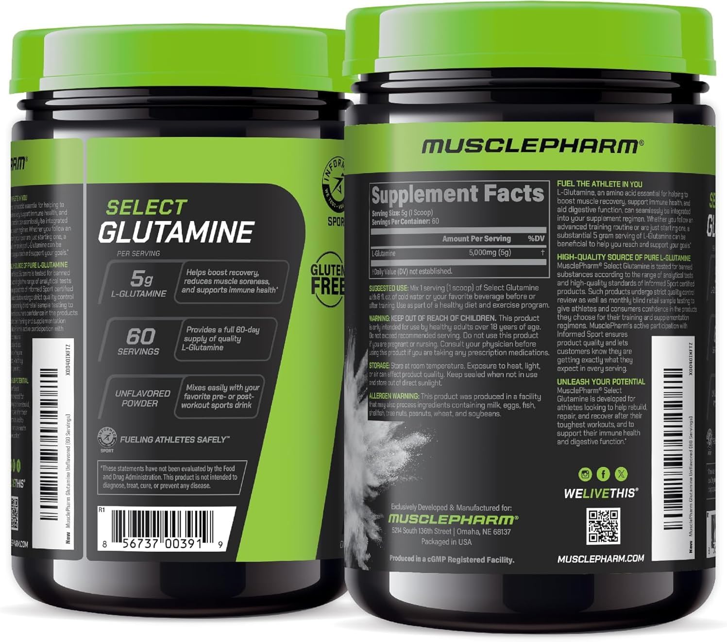 پودر ال-گلوتامین MusclePharm مدل Glutamine Essentials، 300 گرم، بدون طعم