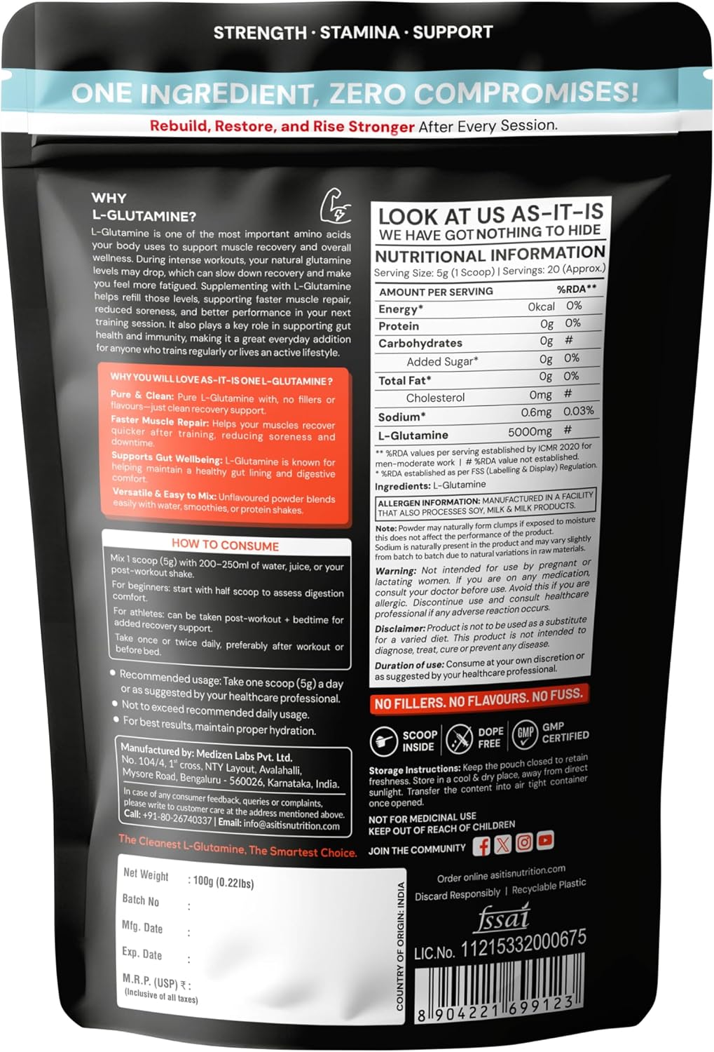 پودر ال-گلوتامین Asitis Nutrition، 100 گرم