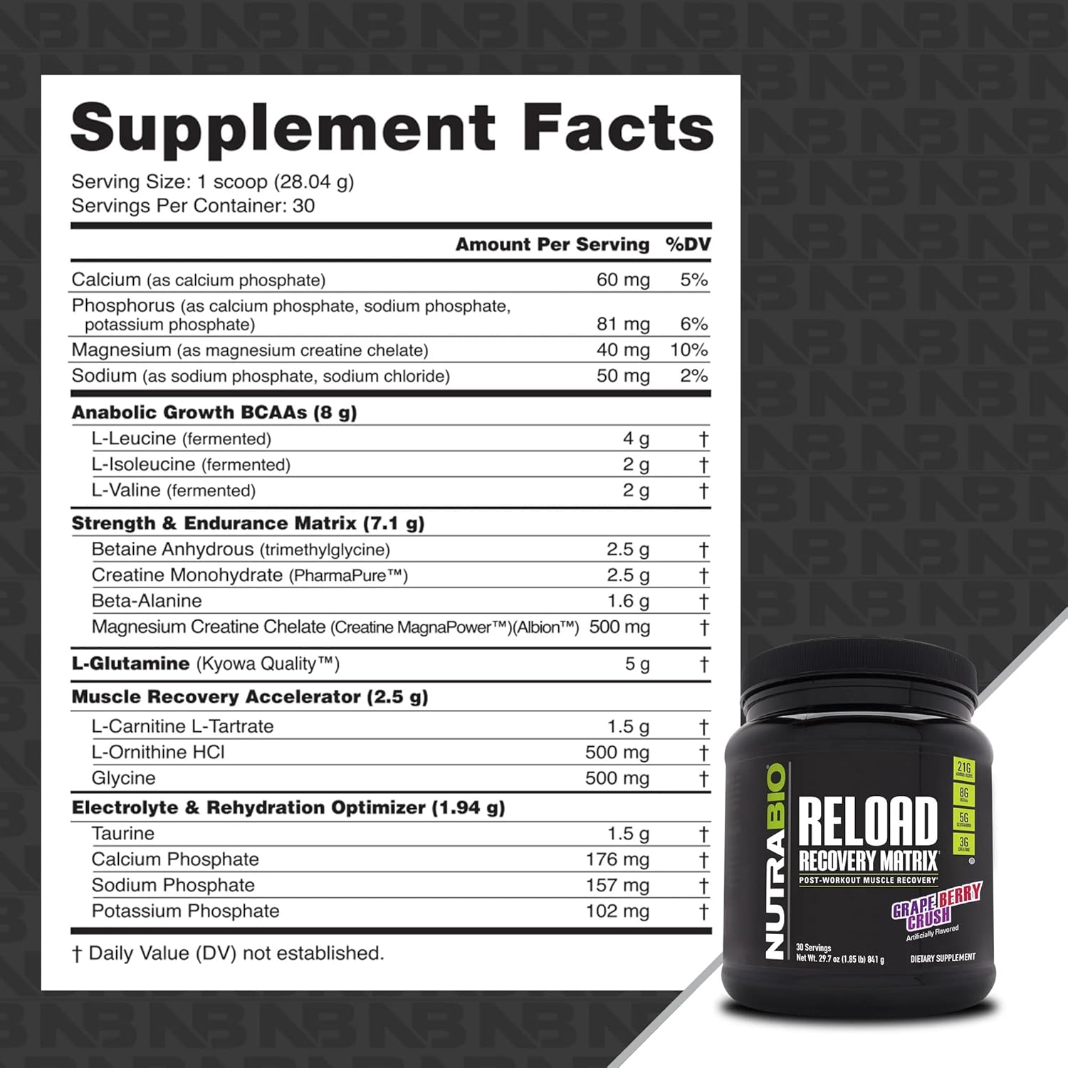 پودر کراتین و گلوتامین NutraBio مدل Reload، 3 گرم، 30 وعده، طعم انگور