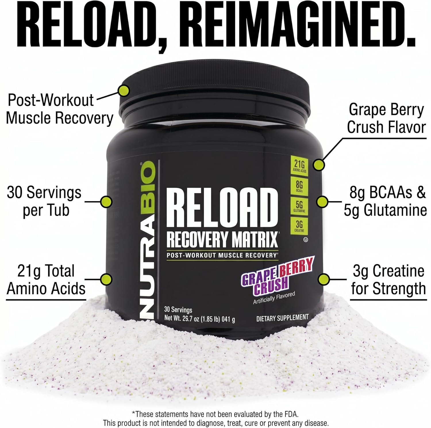 پودر کراتین و گلوتامین NutraBio مدل Reload، 3 گرم، 30 وعده، طعم انگور