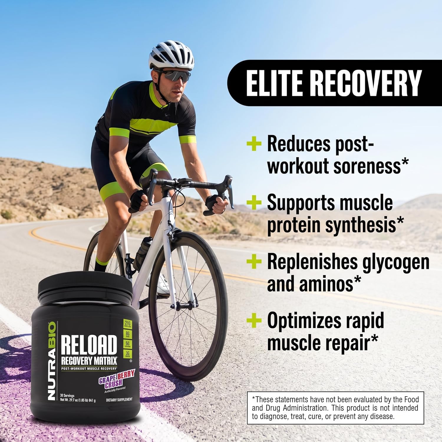 پودر کراتین و گلوتامین NutraBio مدل Reload، 3 گرم، 30 وعده، طعم انگور