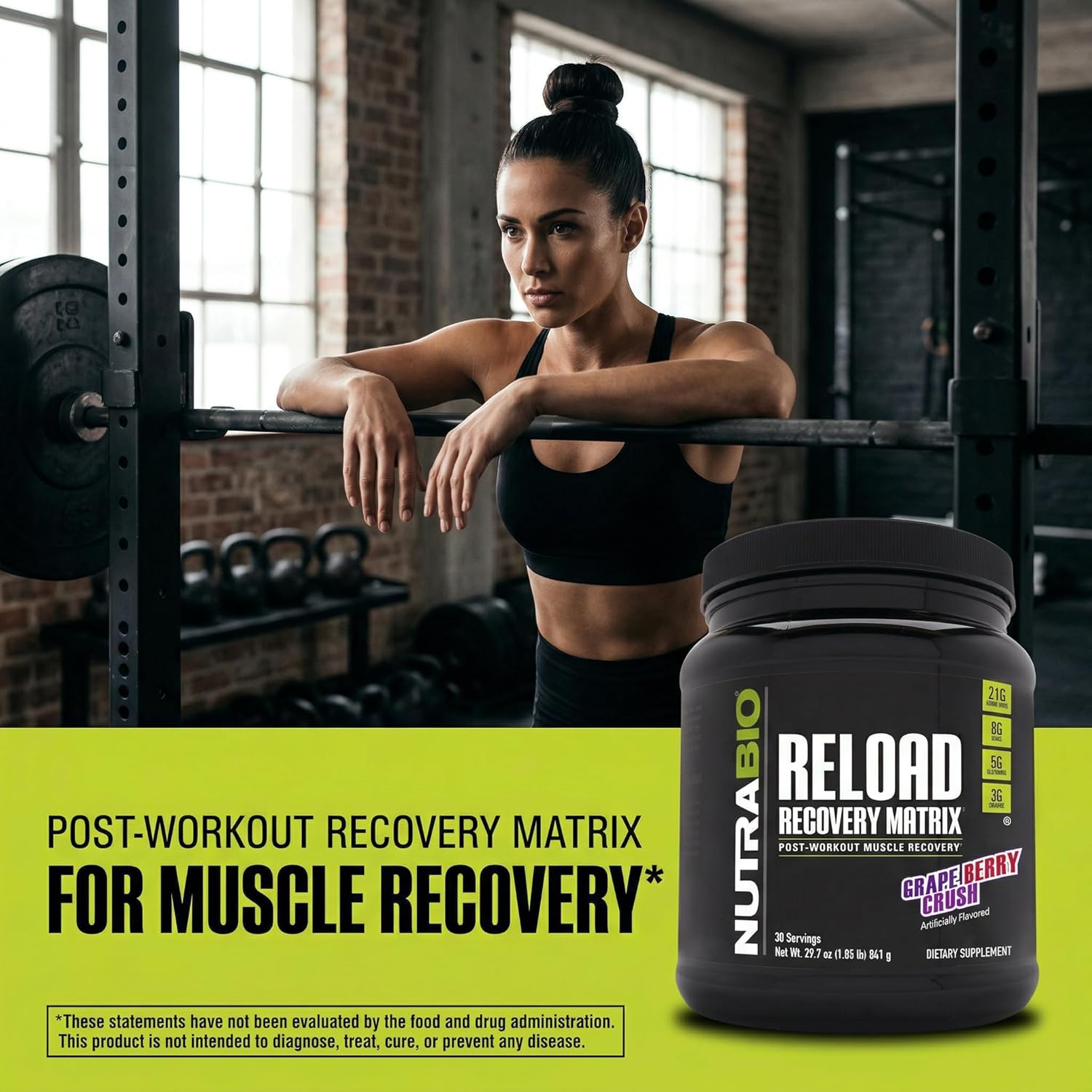 پودر کراتین و گلوتامین NutraBio مدل Reload، 3 گرم، 30 وعده، طعم انگور
