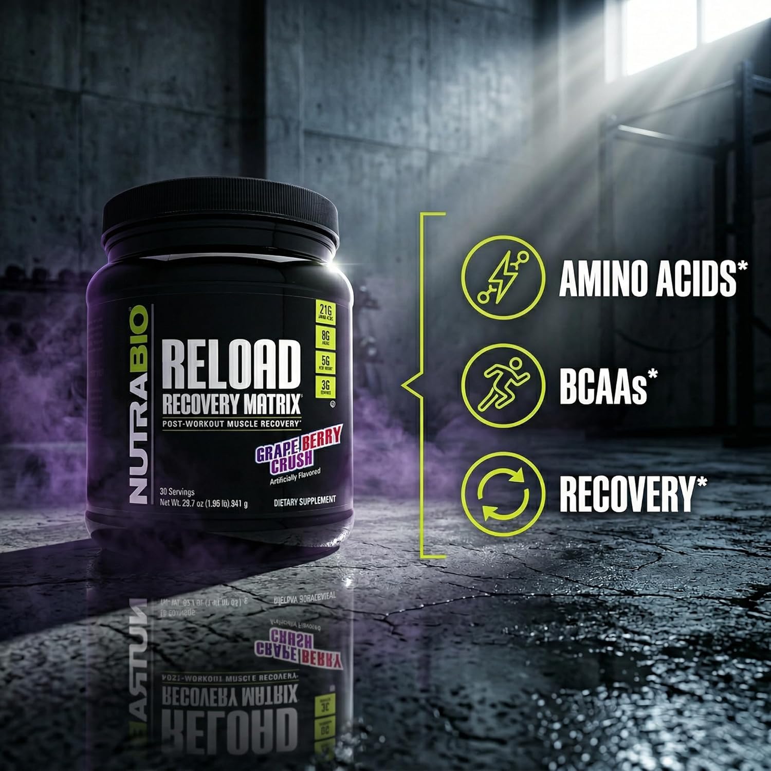پودر کراتین و گلوتامین NutraBio مدل Reload، 3 گرم، 30 وعده، طعم انگور