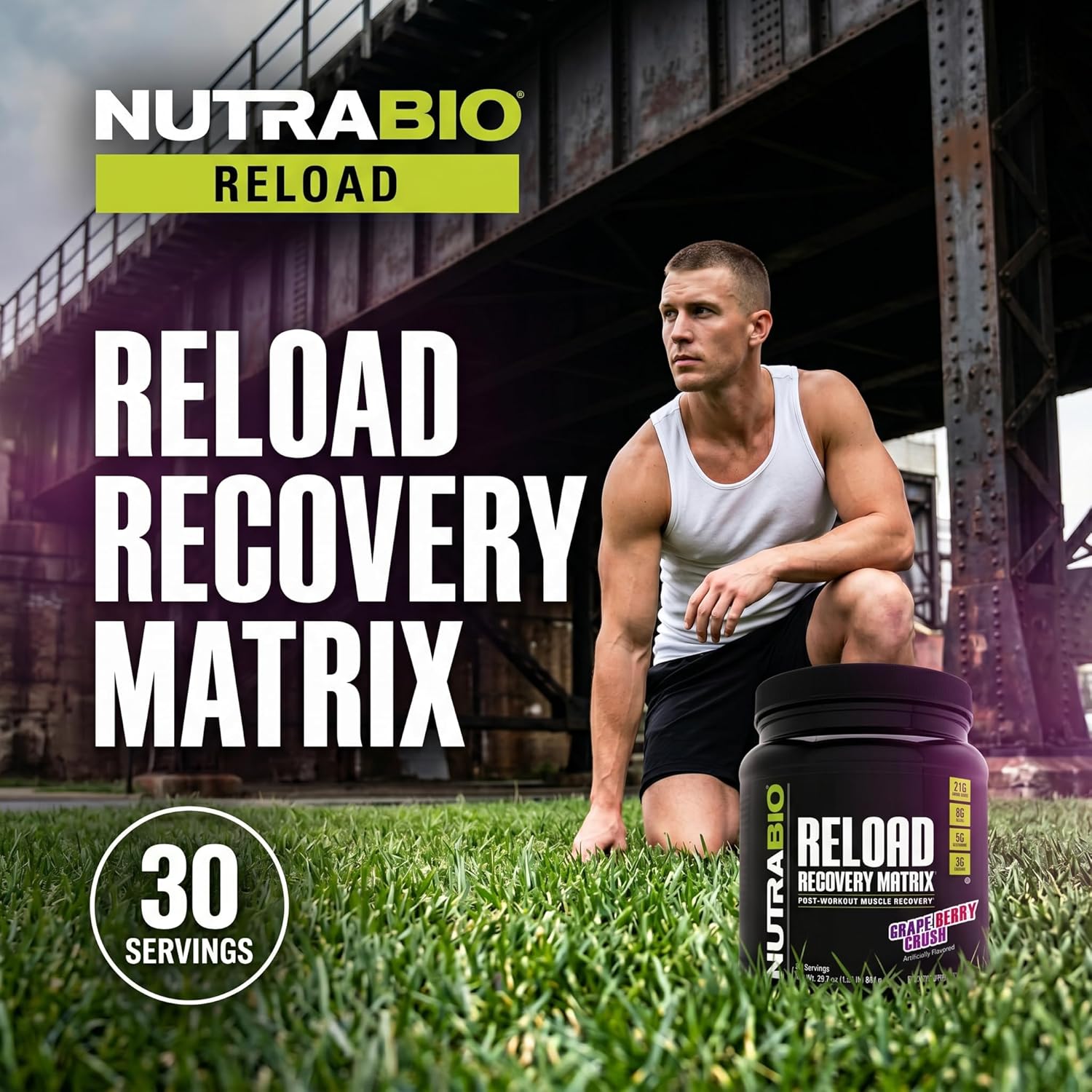 پودر کراتین و گلوتامین NutraBio مدل Reload، 3 گرم، 30 وعده، طعم انگور