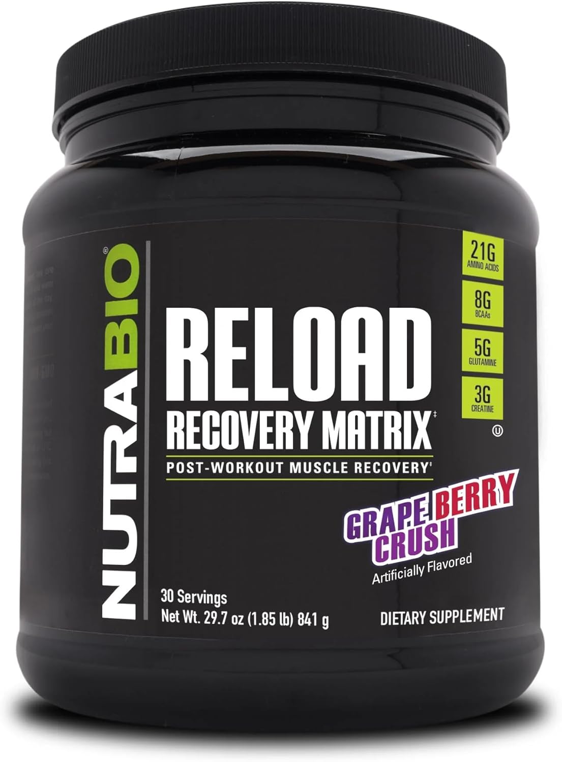 پودر کراتین و گلوتامین NutraBio مدل Reload، 3 گرم، 30 وعده، طعم انگور