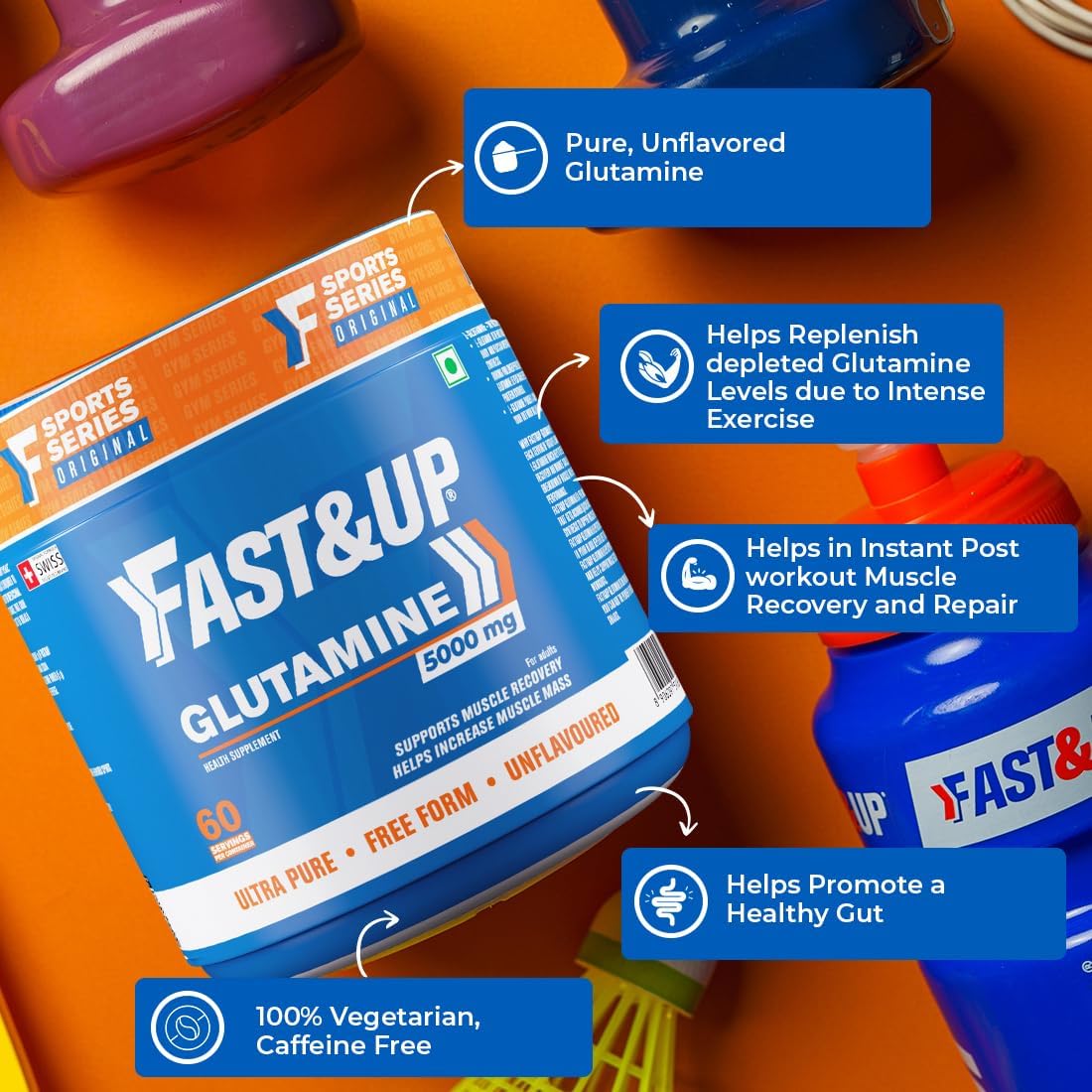 پودر ال-گلوتامین FAST&UP، 300 گرم، بدون طعم