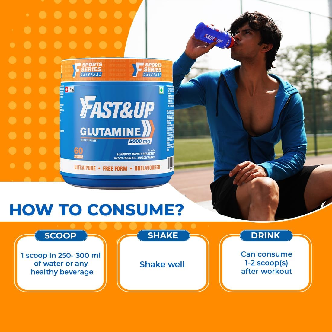 پودر ال-گلوتامین FAST&UP، 300 گرم، بدون طعم