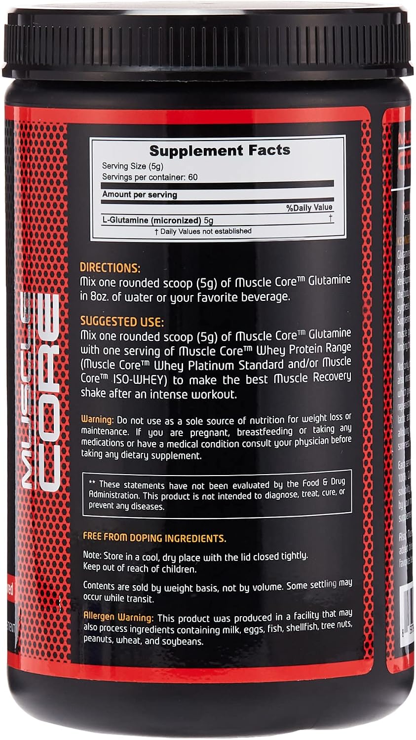 پودر ال-گلوتامین MUSCLE CORE NUTRITION، 300 گرم، 60 وعده، بدون طعم