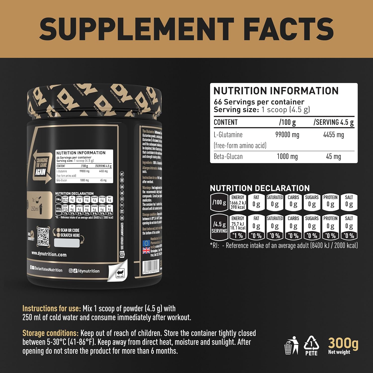 پودر ال-گلوتامین DY Nutrition، 300 گرم، بدون طعم