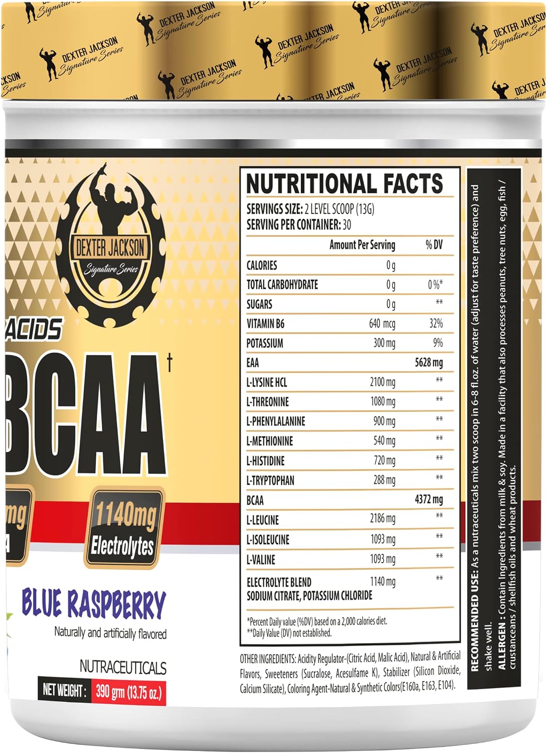 پودر مکمل آمینو اسید DEXTER JACKSON مدل Gold Signature Series EAA+BCAA، 390 گرم، 30 وعده، طعم تمشک آبی