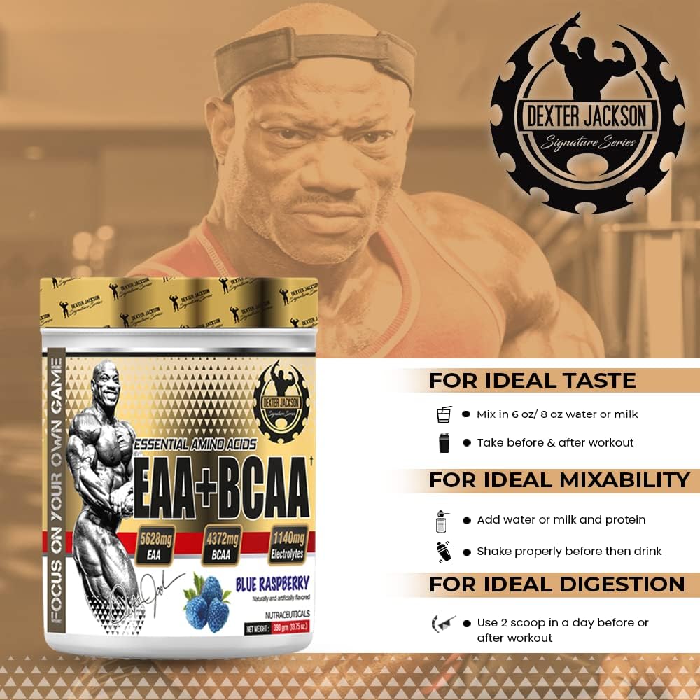 پودر مکمل آمینو اسید DEXTER JACKSON مدل Gold Signature Series EAA+BCAA، 390 گرم، 30 وعده، طعم تمشک آبی