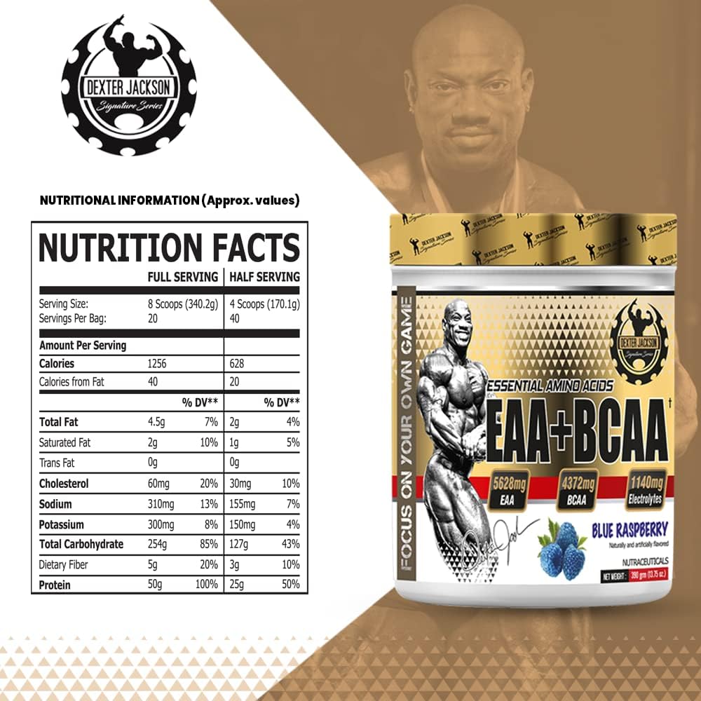 پودر مکمل آمینو اسید DEXTER JACKSON مدل Gold Signature Series EAA+BCAA، 390 گرم، 30 وعده، طعم تمشک آبی