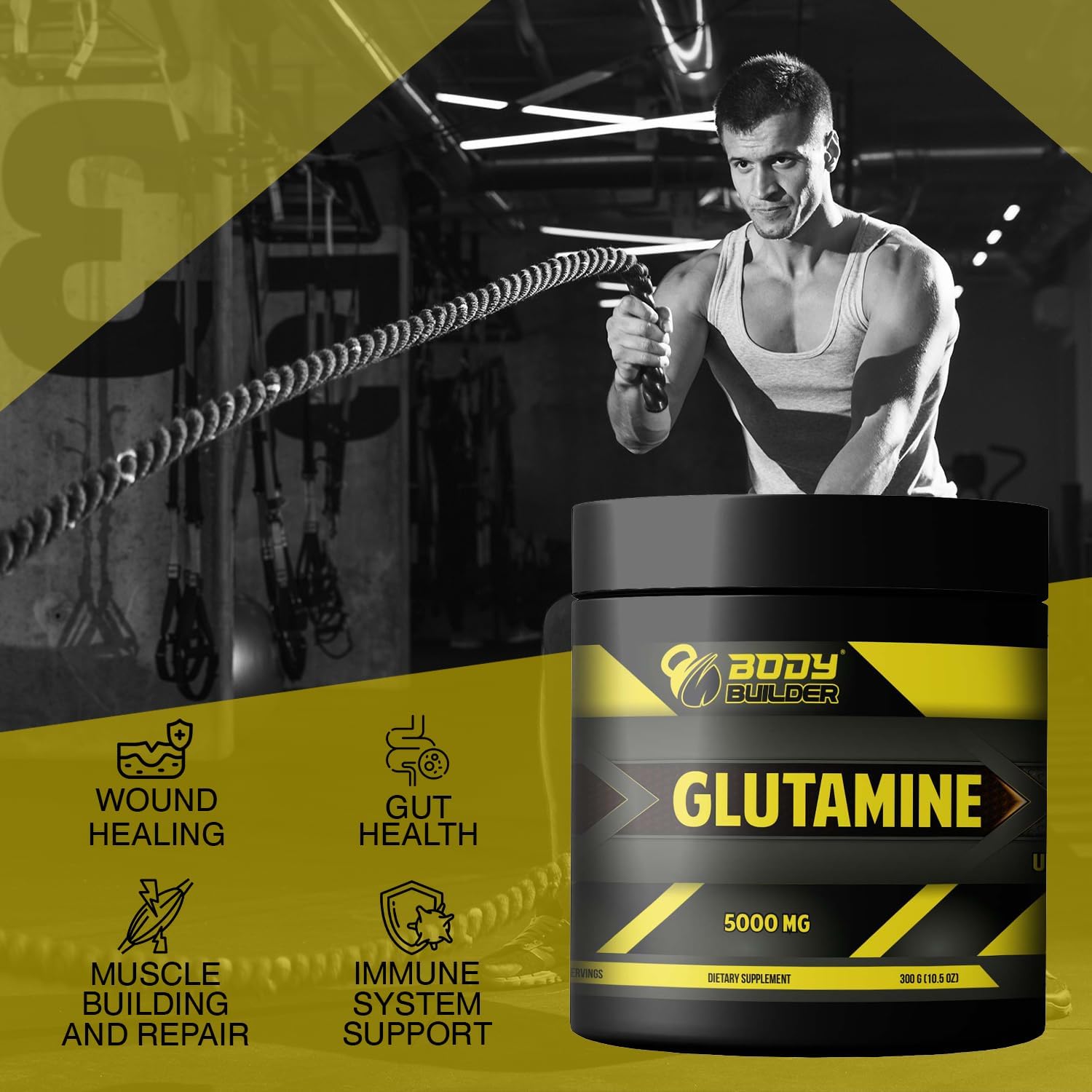 پودر ال-گلوتامین Body Builder مدل Glutamine 5000، 5000 میلی‌گرم، بدون طعم