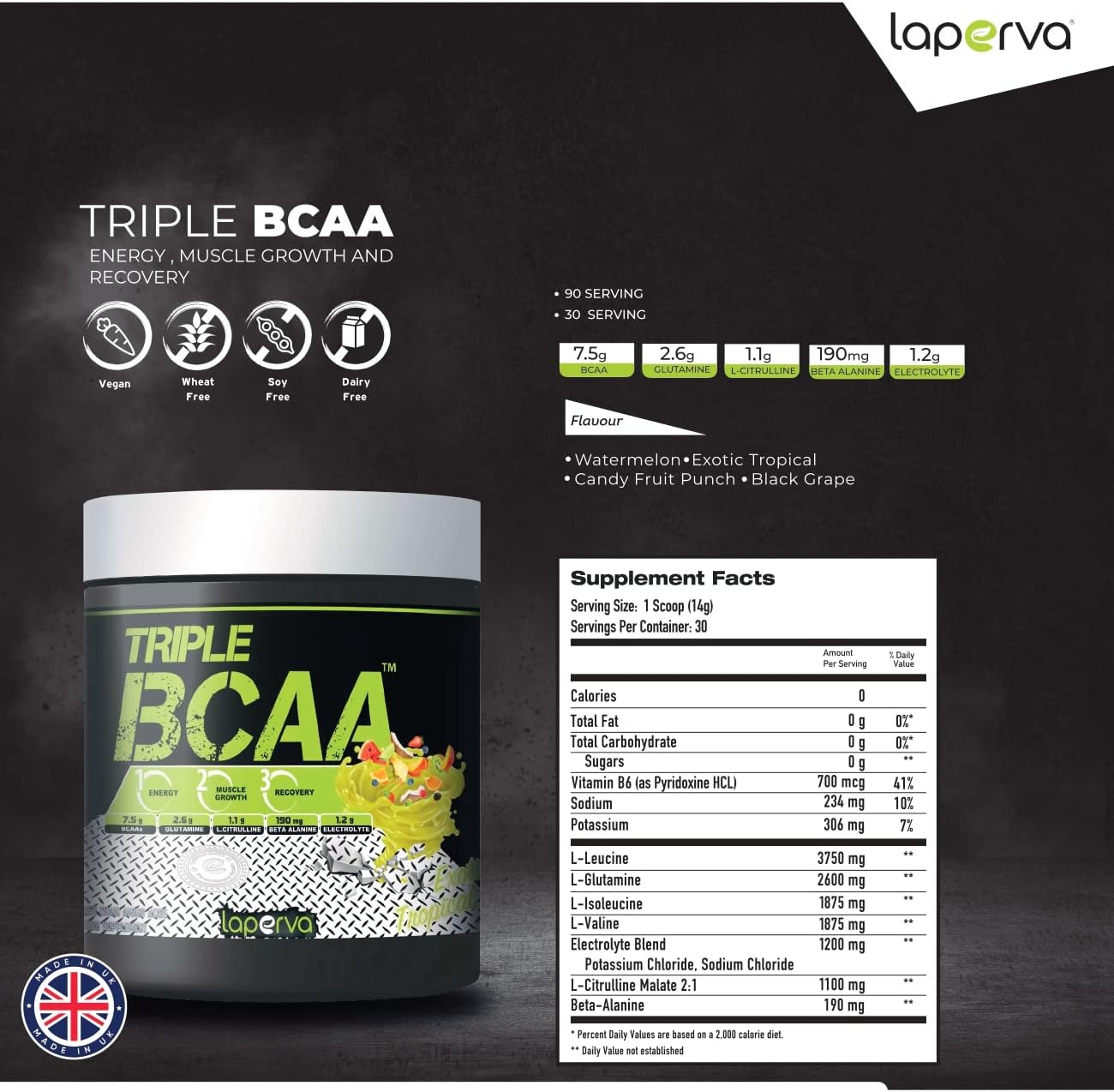 پودر آمینو اسید و گلوتامین laperva مدل Triple BCAA، 1.43 کیلوگرم، 90 وعده، طعم هندوانه تابستانی