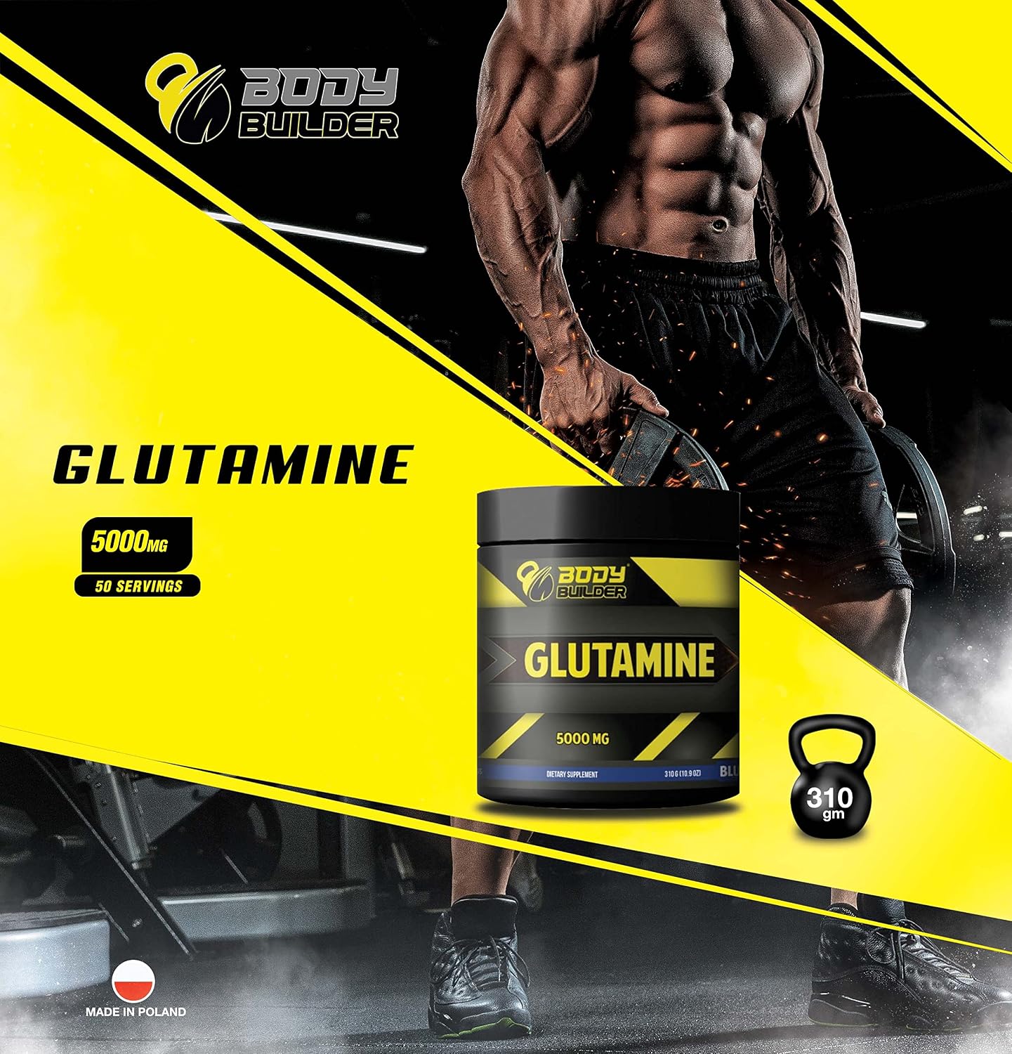 پودر ال-گلوتامین Body Builder مدل Glutamine 5000، 5000 میلی‌گرم، بدون طعم