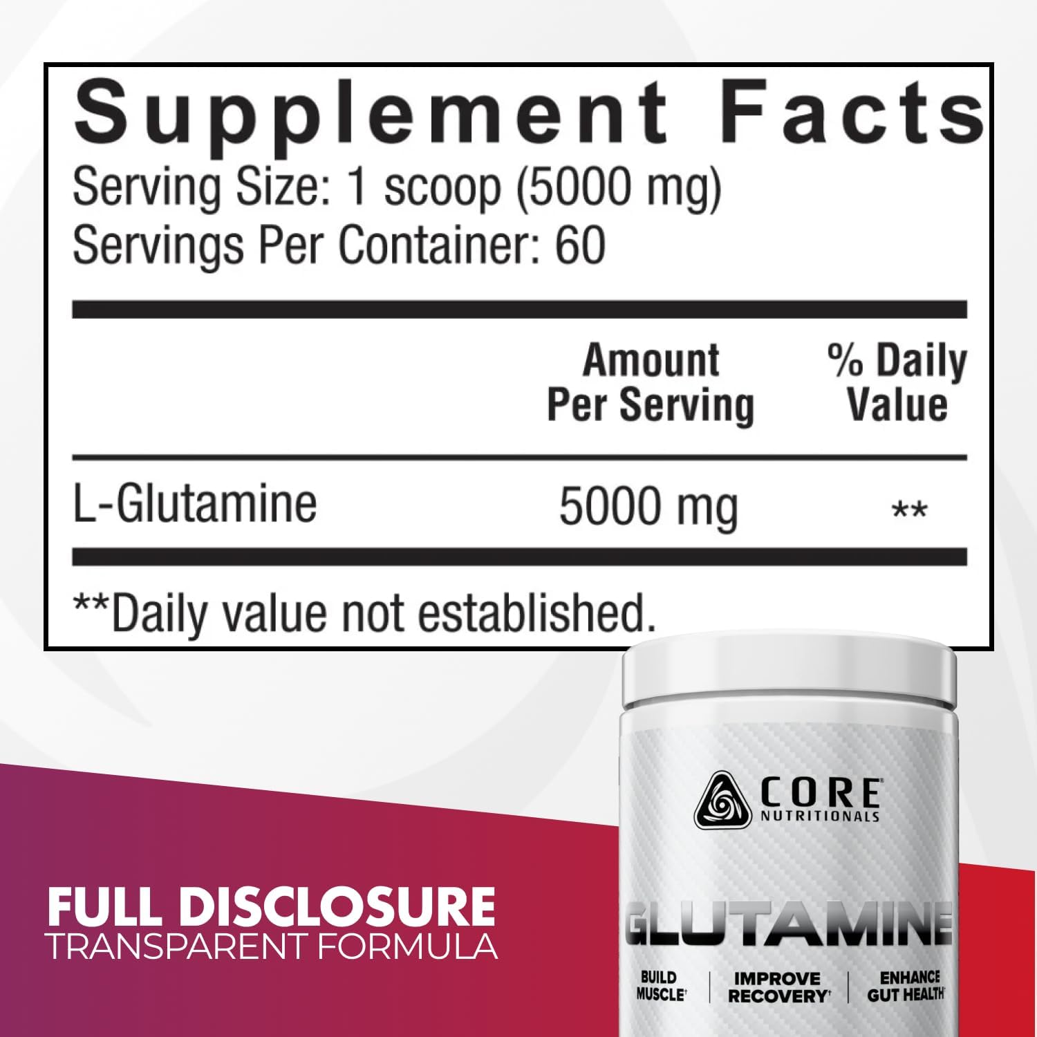 پودر ال-گلوتامین Core Nutritionals، 5000 میلی‌گرم، 60 وعده