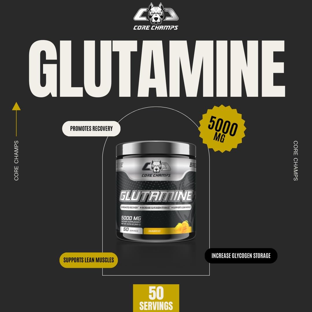 پودر ال-گلوتامین Core Champs مدل Glutamine 5000، 305 گرم، 50 وعده، طعم انبه