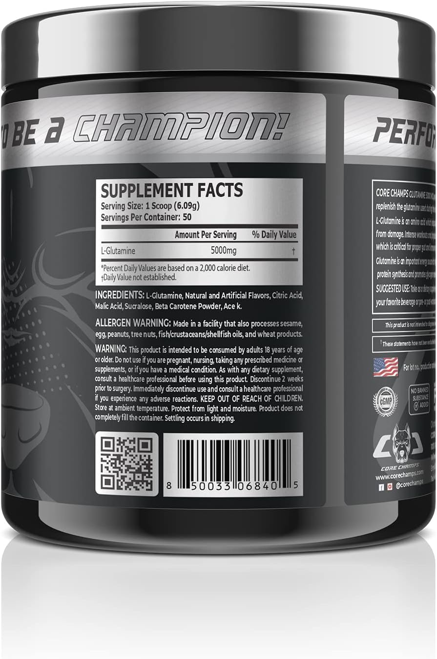 پودر ال-گلوتامین Core Champs مدل Glutamine 5000، 305 گرم، 50 وعده، طعم انبه