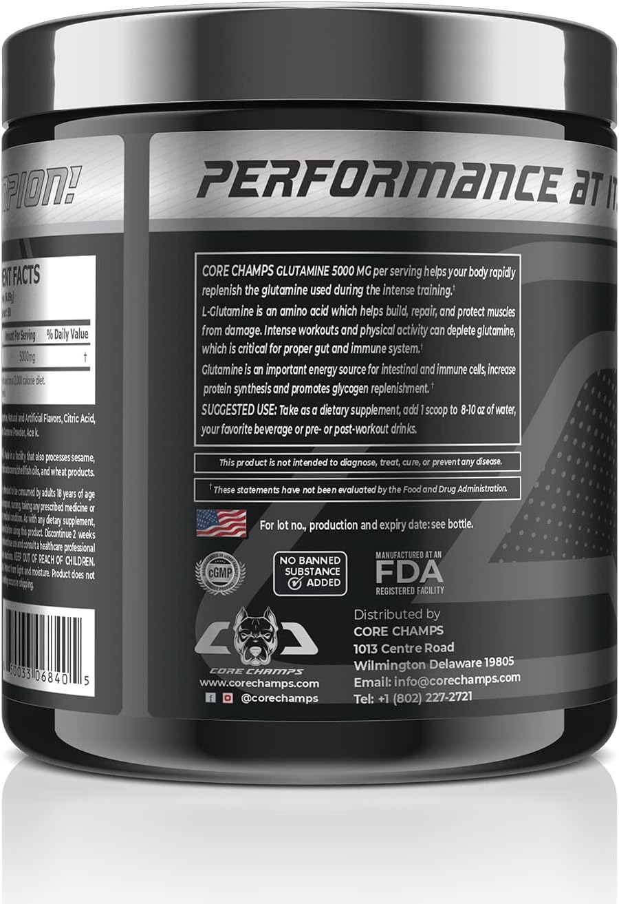 پودر ال-گلوتامین Core Champs مدل Glutamine 5000، 305 گرم، 50 وعده، طعم انبه