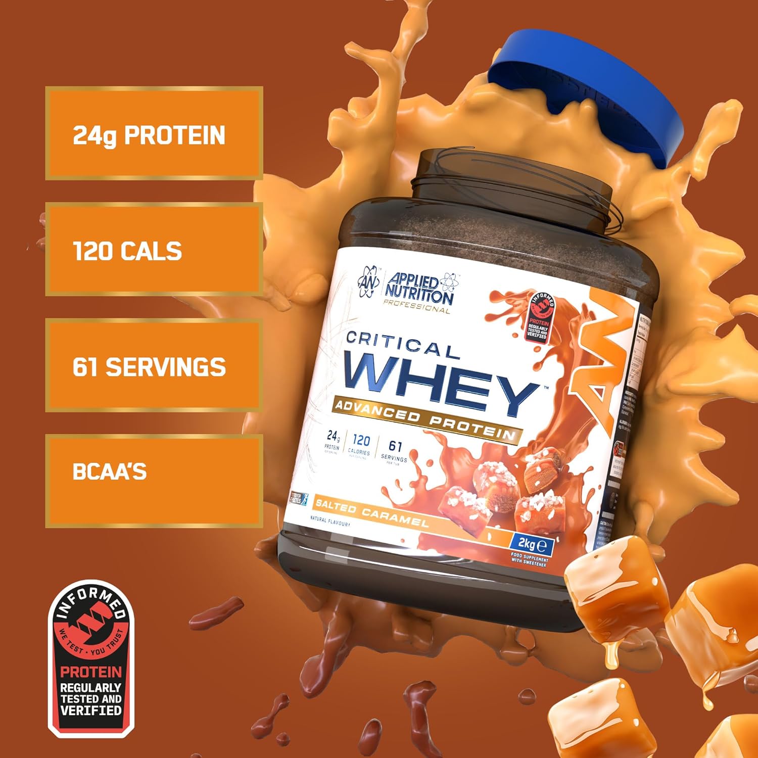 پودر پروتئین وی Applied Nutrition مدل Critical Whey، 2 کیلوگرم، 67 وعده، طعم کارامل نمکی