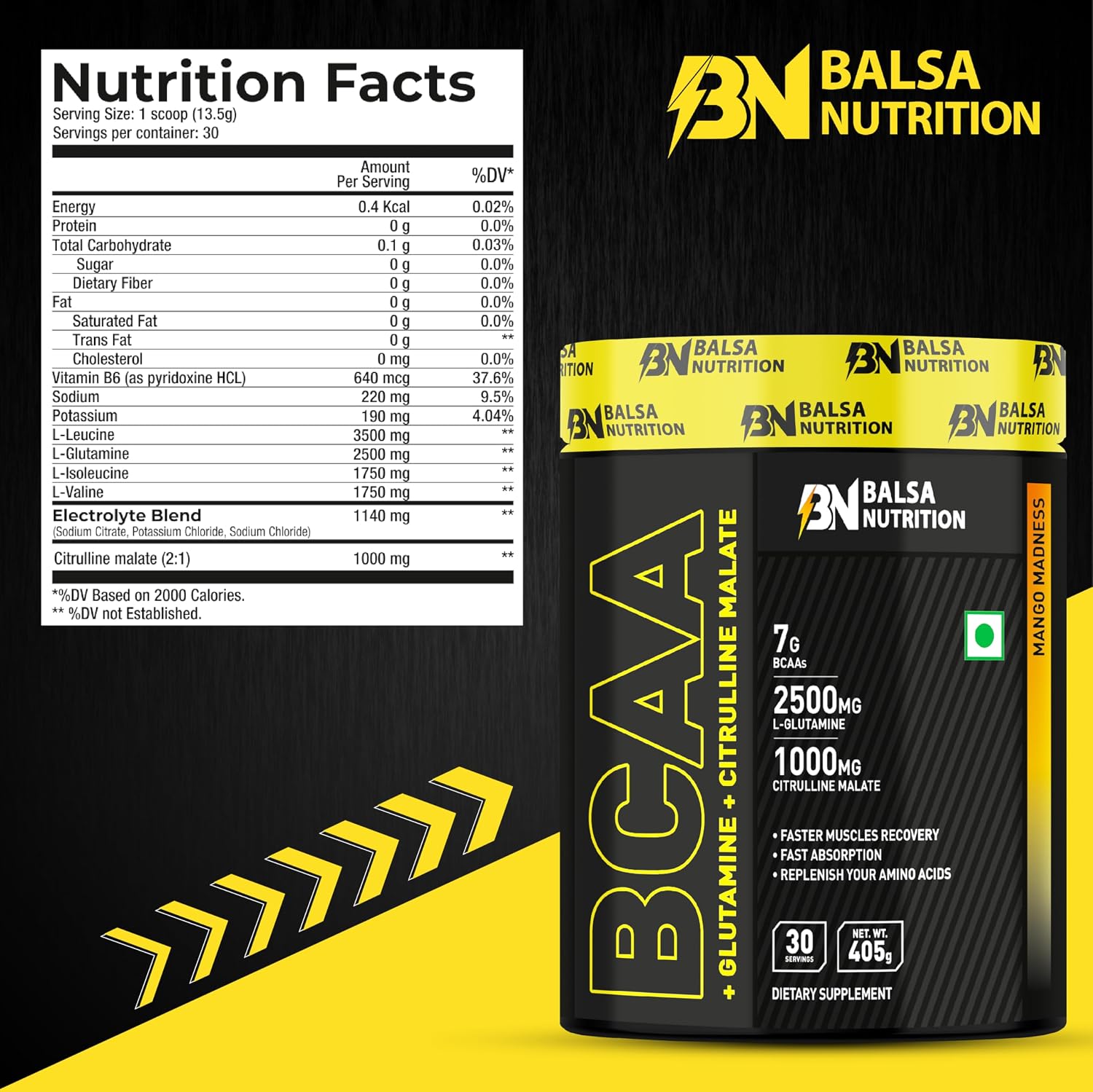 پودر آمینو اسید و گلوتامین Balsa Nutrition، 405 گرم، 30 وعده، طعم انبه