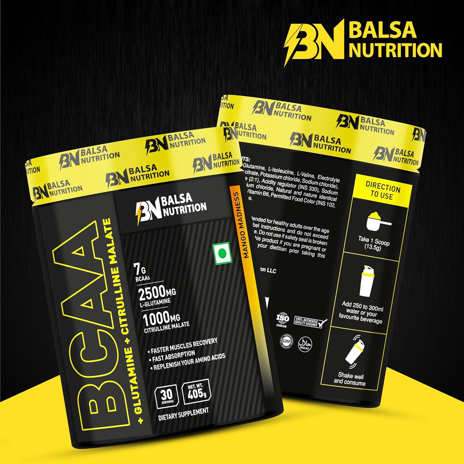 پودر آمینو اسید و گلوتامین Balsa Nutrition، 405 گرم، 30 وعده، طعم انبه