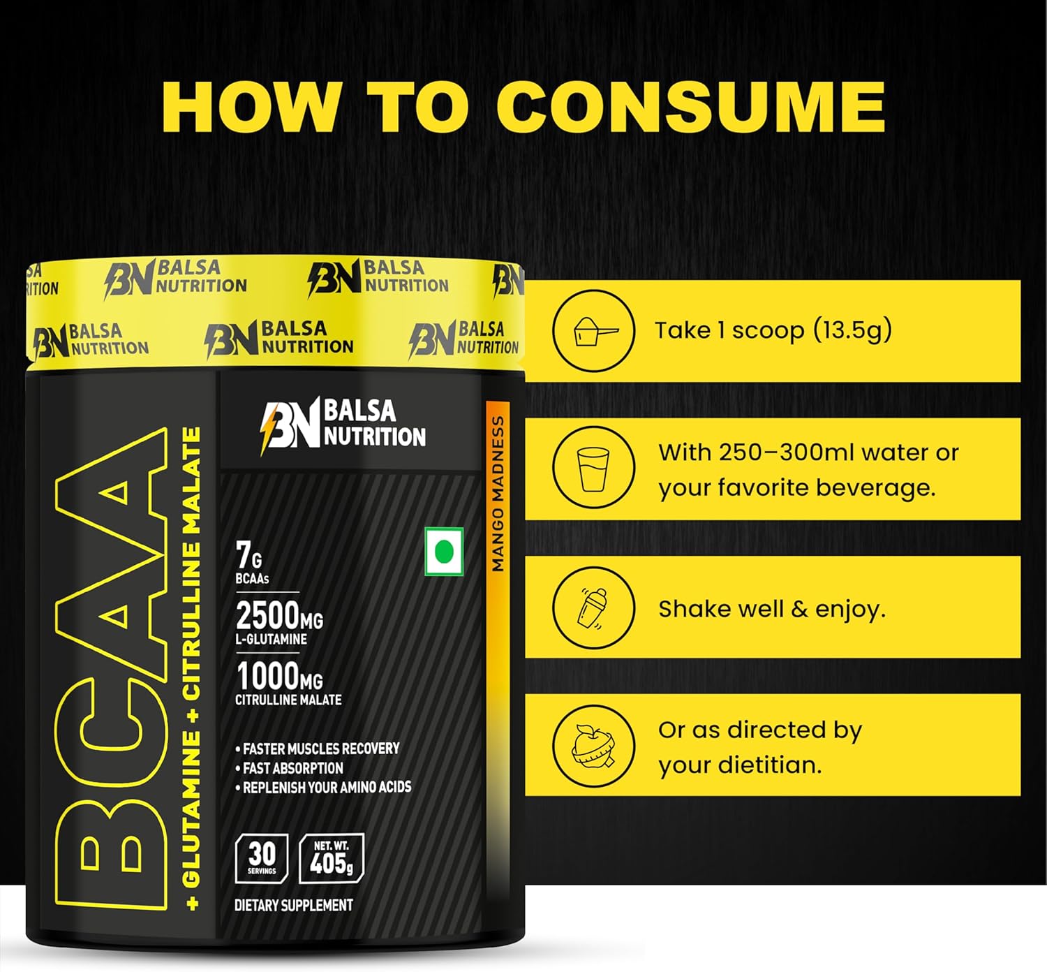 پودر آمینو اسید و گلوتامین Balsa Nutrition، 405 گرم، 30 وعده، طعم انبه