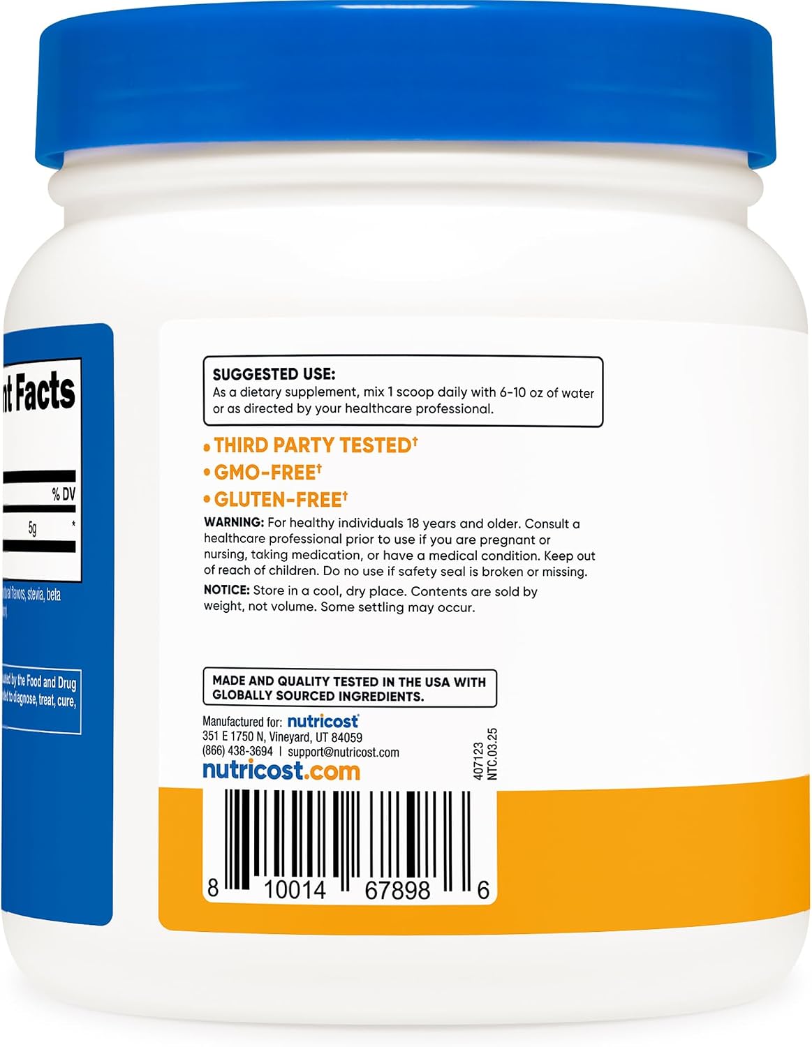 پودر مکمل سلامت گوارش Nutricost، 500 گرم، طعم هلو و انبه