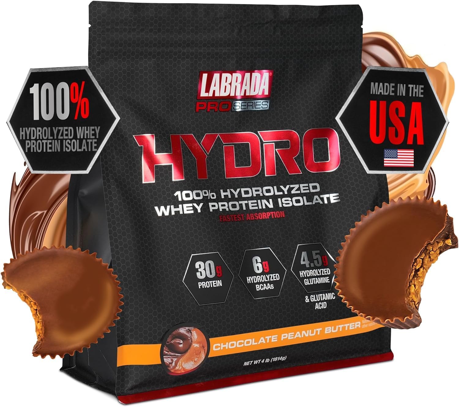 پودر پروتئین وی Labrada مدل Hydro 100%، 4 پوند، 45 وعده، طعم کره بادام‌زمینی