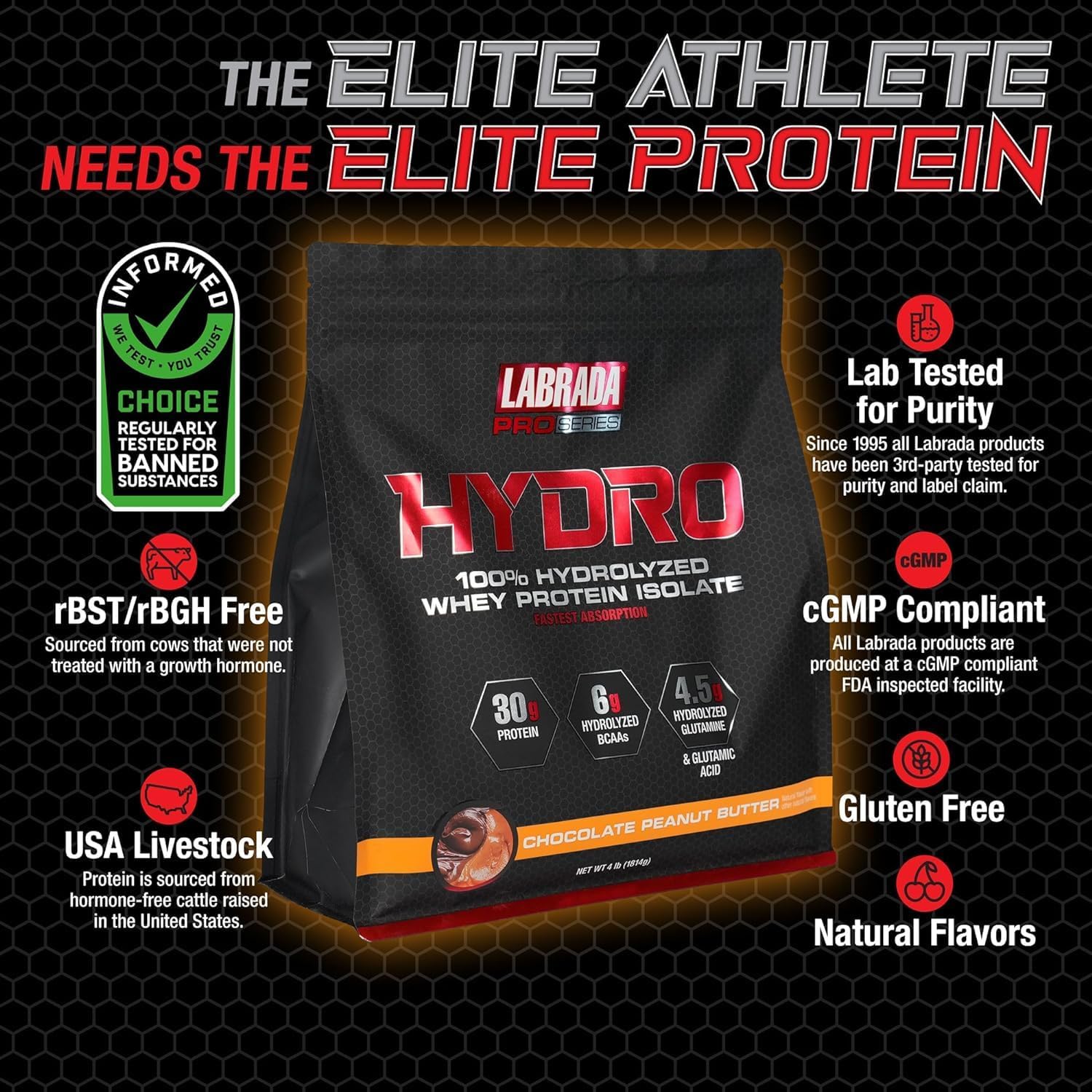 پودر پروتئین وی Labrada مدل Hydro 100%، 4 پوند، 45 وعده، طعم کره بادام‌زمینی
