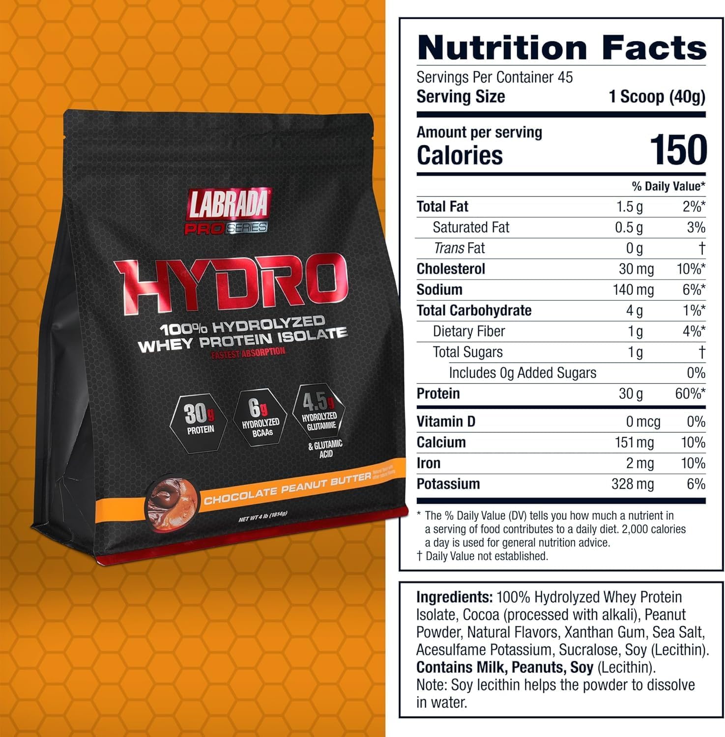 پودر پروتئین وی Labrada مدل Hydro 100%، 4 پوند، 45 وعده، طعم کره بادام‌زمینی