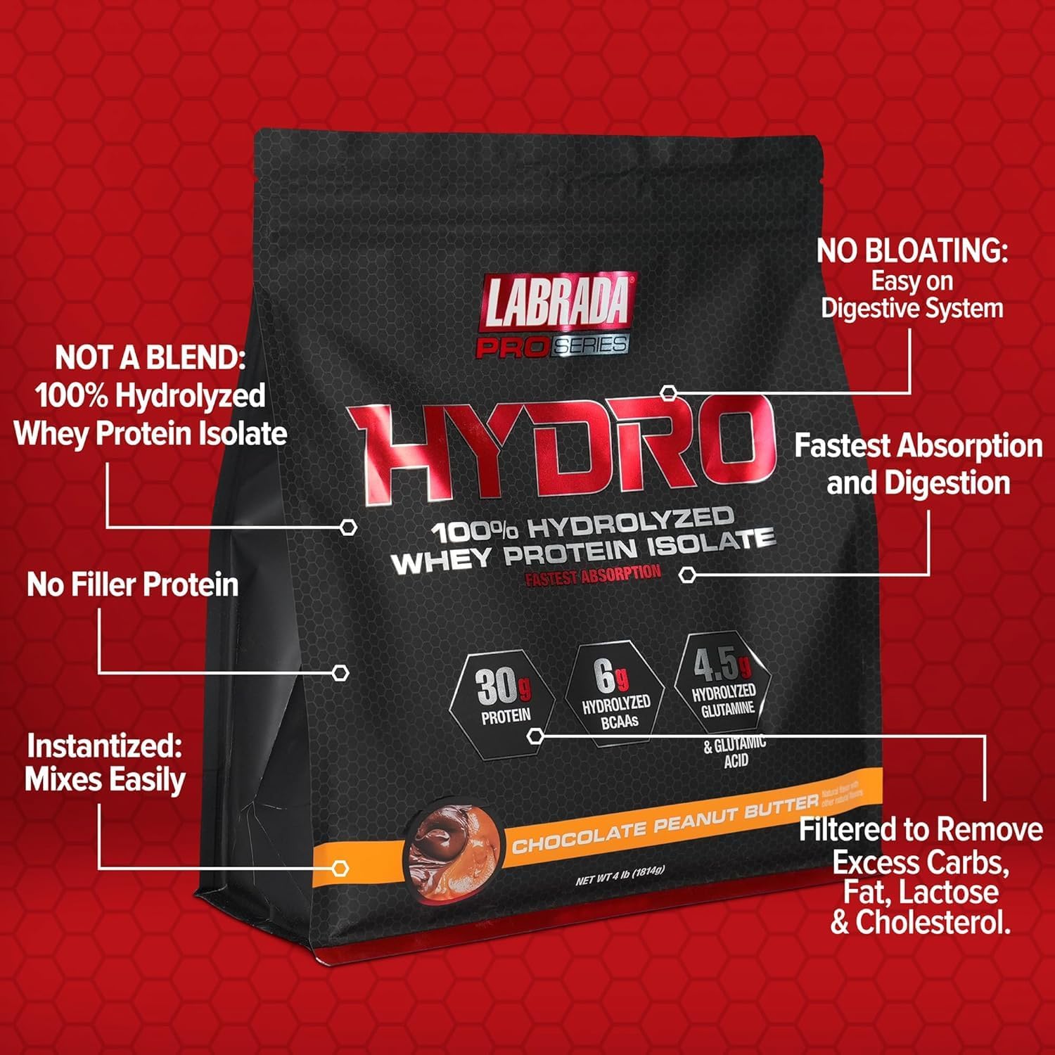 پودر پروتئین وی Labrada مدل Hydro 100%، 4 پوند، 45 وعده، طعم کره بادام‌زمینی