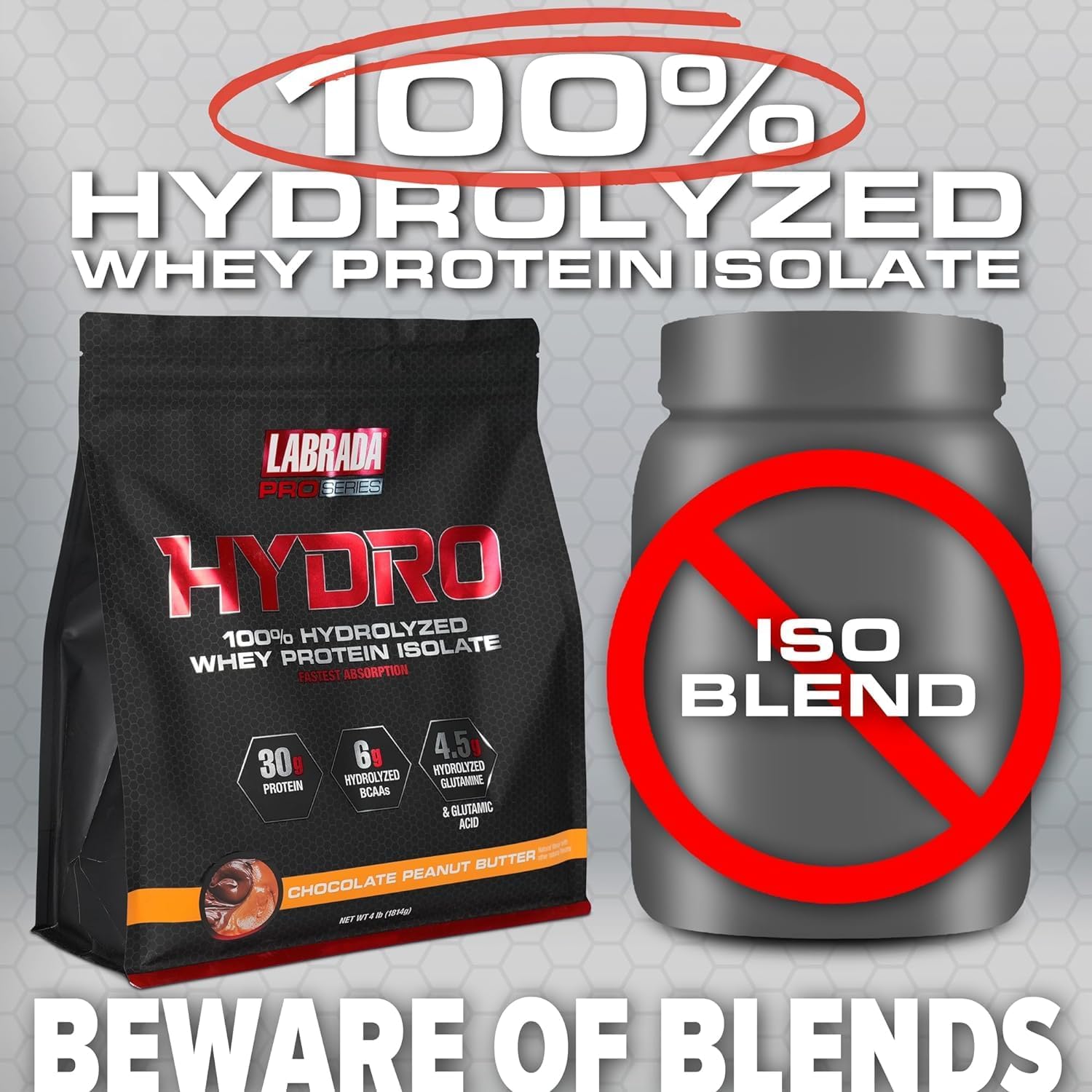 پودر پروتئین وی Labrada مدل Hydro 100%، 4 پوند، 45 وعده، طعم کره بادام‌زمینی