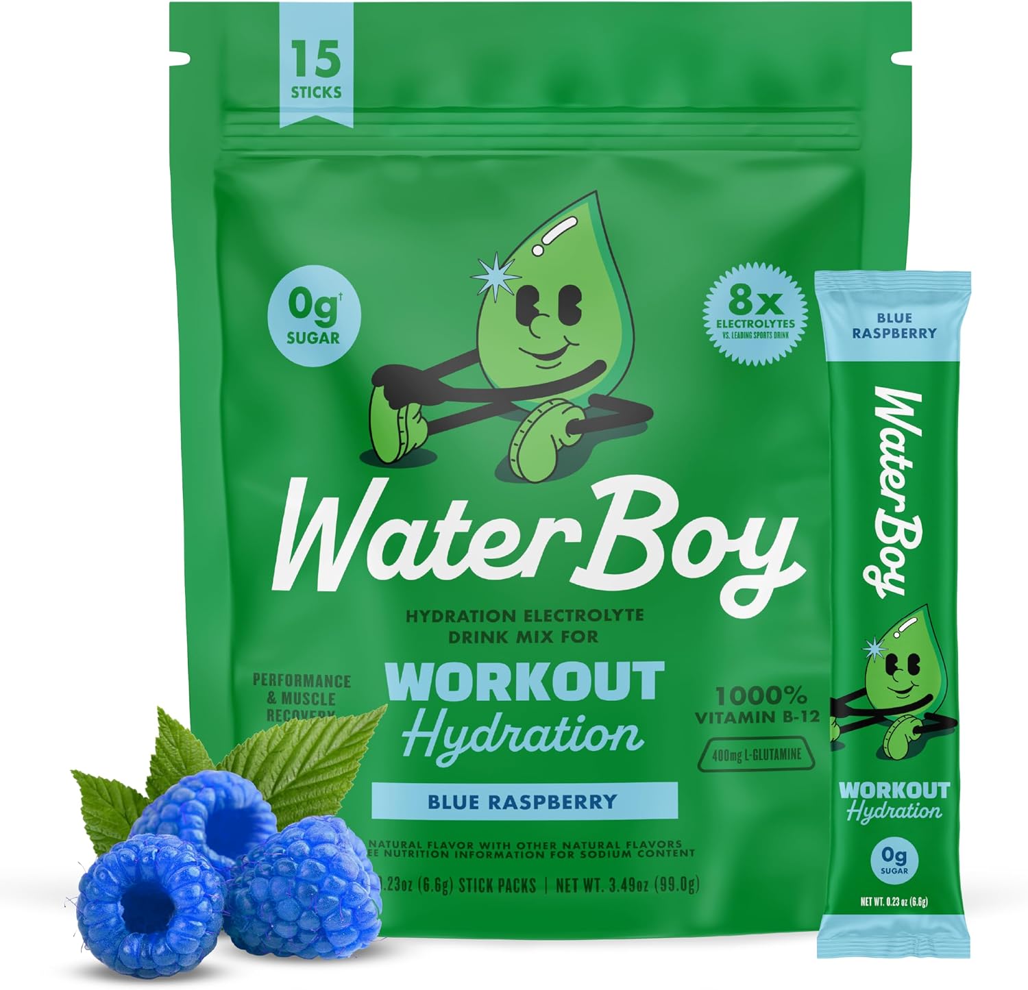 ساشه ال-گلوتامین Waterboy، 400 میلی‌گرم، 15 عدد، طعم تمشک آبی