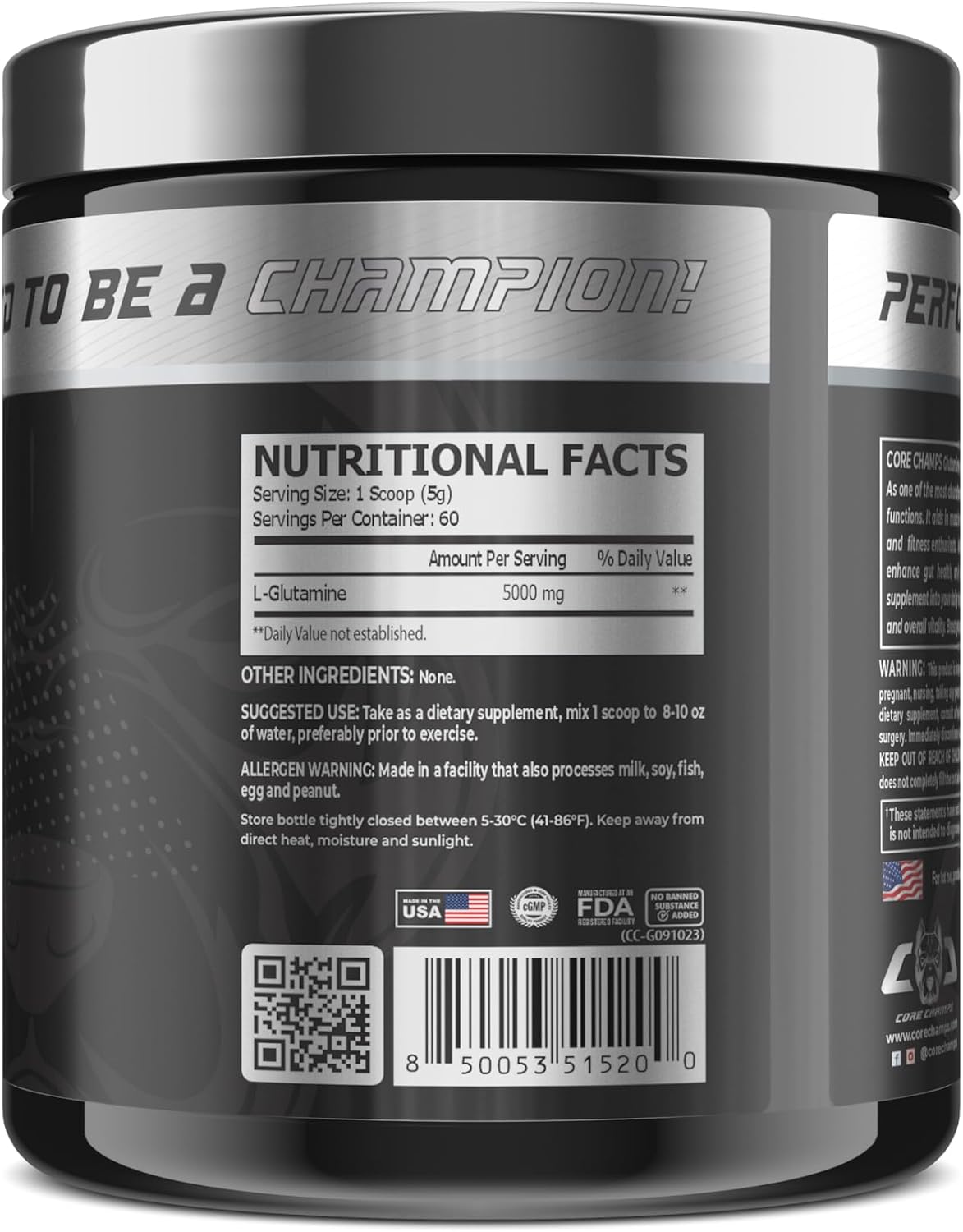 پودر ال-گلوتامین Core Champs مدل Glutamine 5000، 5000 میلی‌گرم، 60 وعده