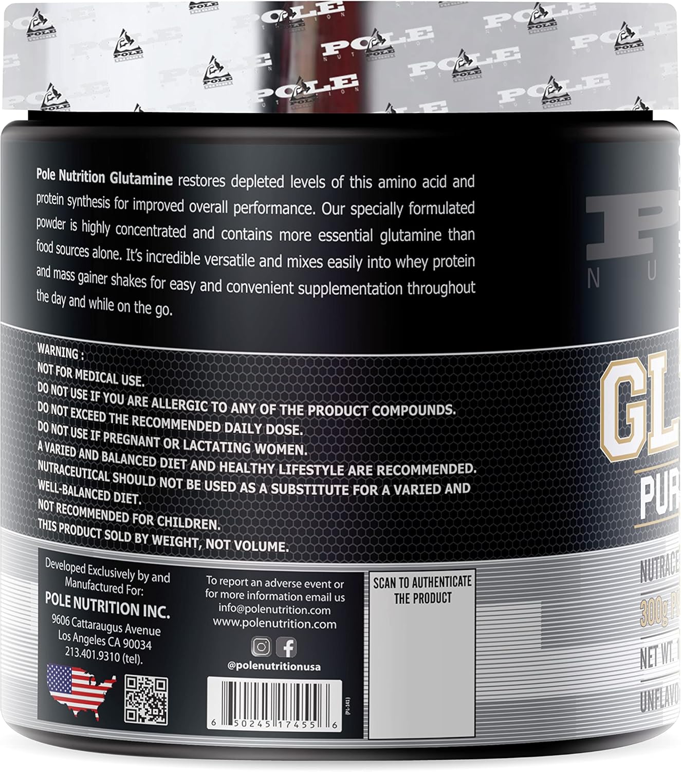 پودر ال-گلوتامین Pole Nutrition، 300 گرم، 60 وعده