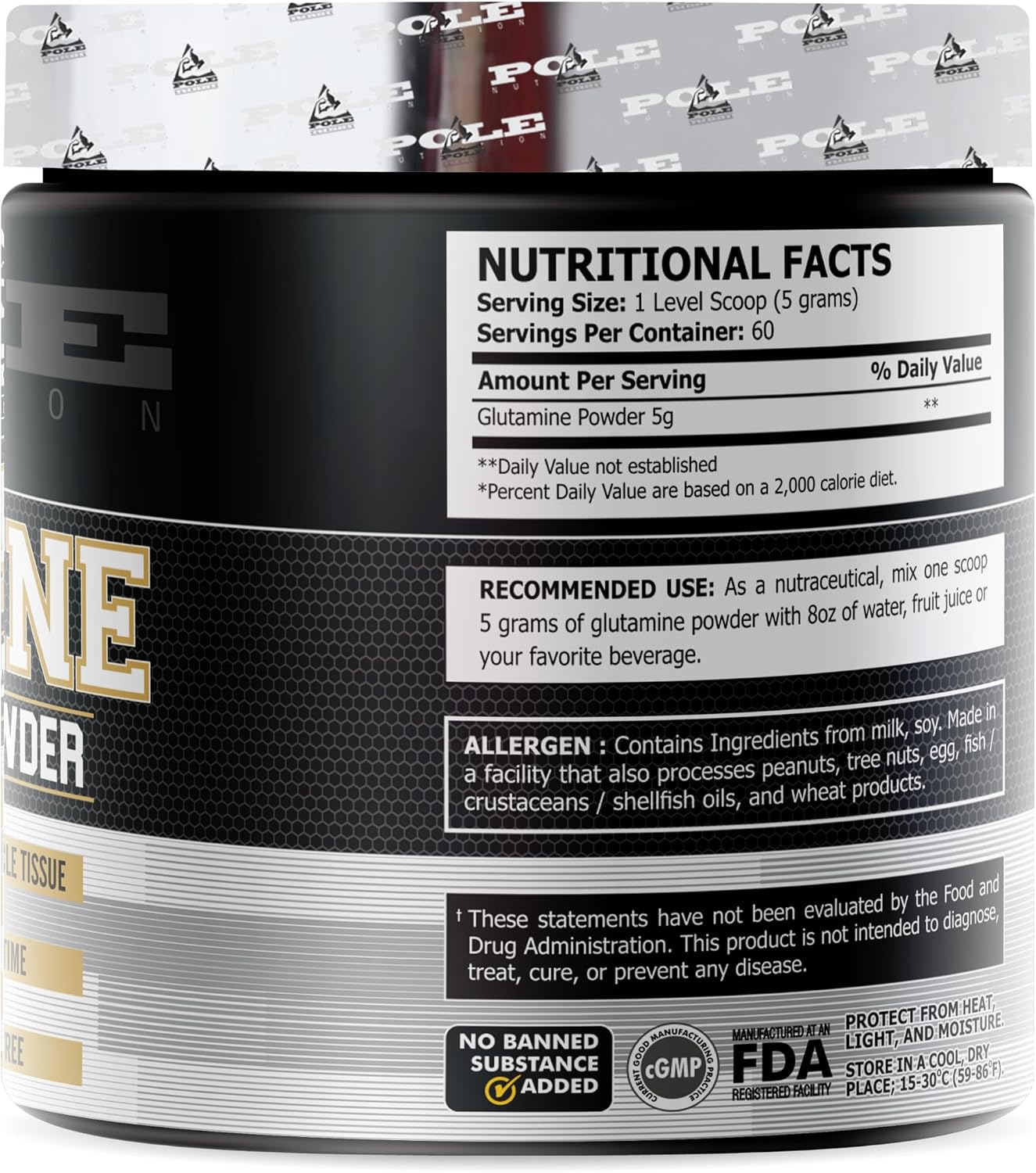 پودر ال-گلوتامین Pole Nutrition، 300 گرم، 60 وعده