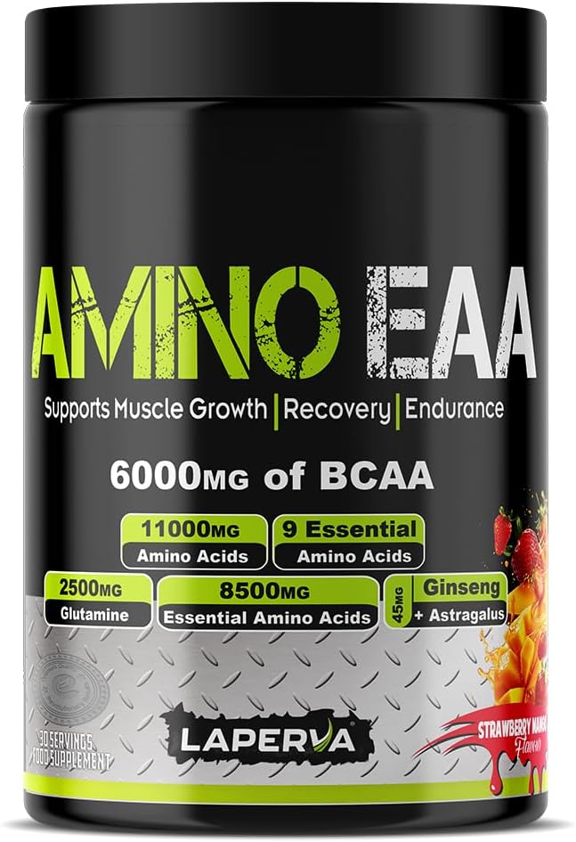 پودر آمینو اسید و گلوتامین laperva مدل Amino EAA، 390 گرم، طعم توت‌فرنگی و انبه