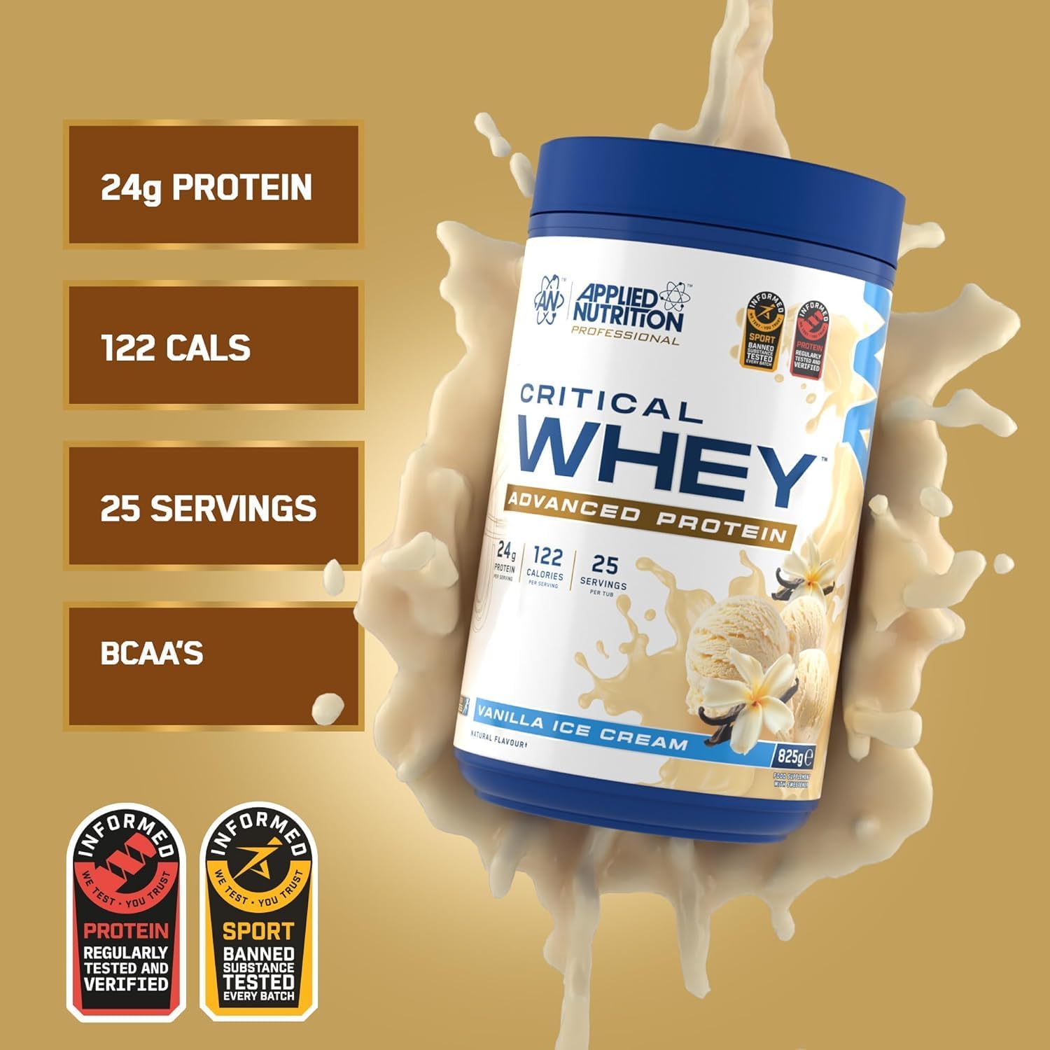 پودر پروتئین وی Applied Nutrition مدل Critical Whey، 825 گرم، 25 وعده، طعم وانیل