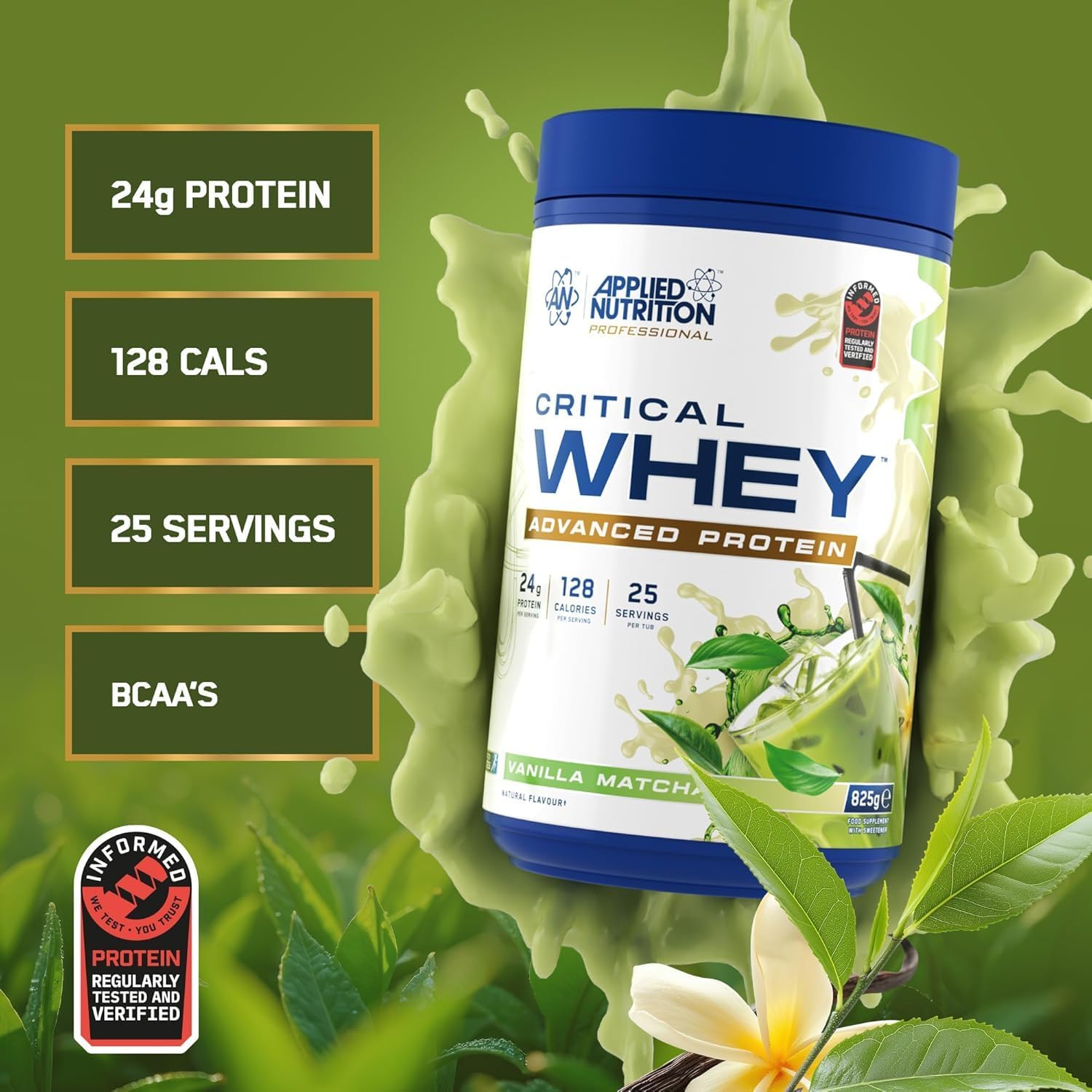 پودر پروتئین وی Applied Nutrition مدل Critical Whey، 825 گرم، 25 وعده، طعم وانیل ماچا