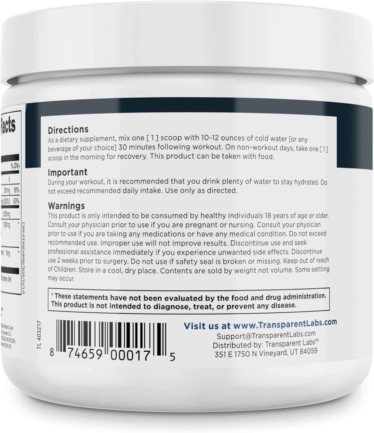 پودر کراتین و HMB Transparent Labs مدل Creatine HMB، 30 وعده، بدون طعم