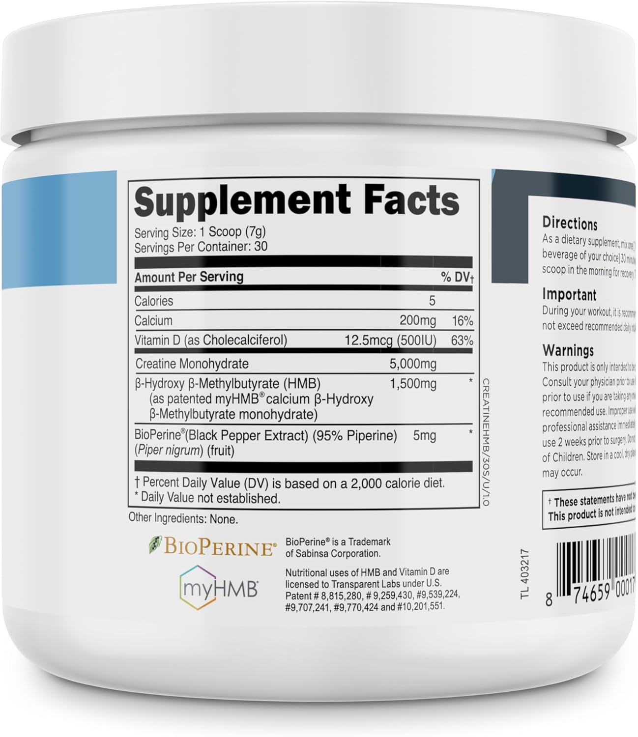 پودر کراتین و HMB Transparent Labs مدل Creatine HMB، 30 وعده، بدون طعم
