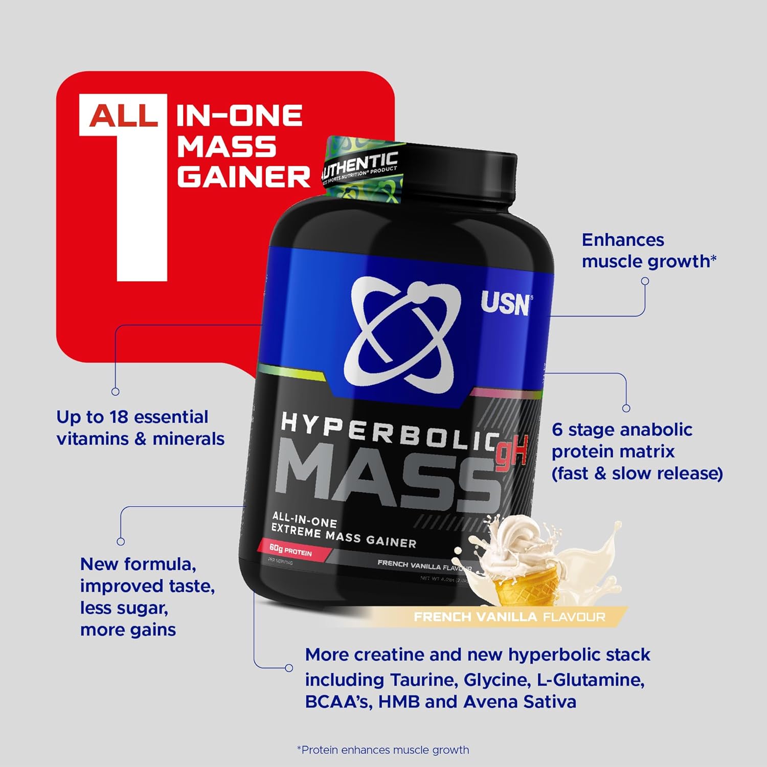 پودر گینر USN مدل Hyperbolic Mass، 2 کیلوگرم، طعم وانیل