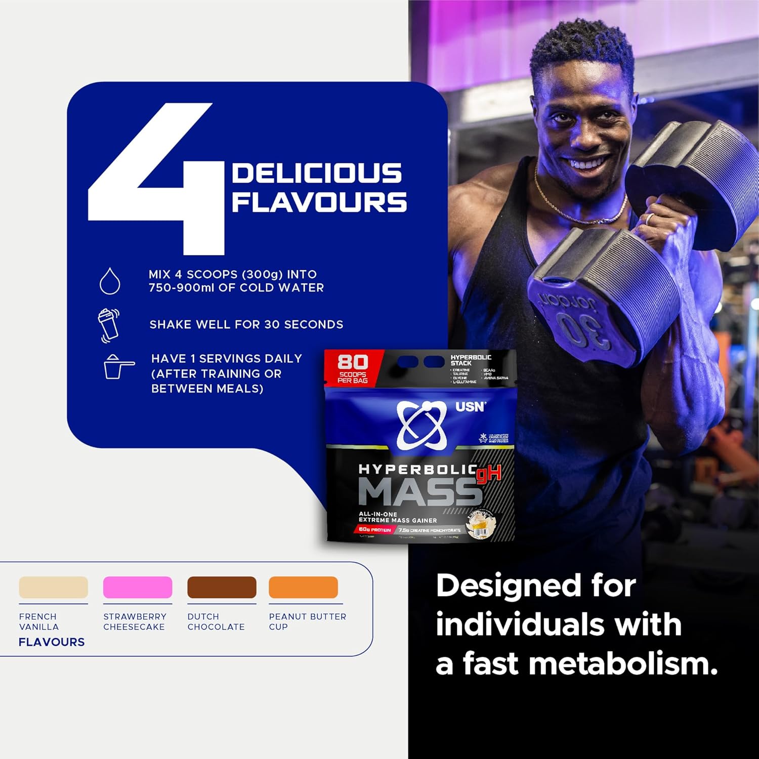 پودر گینر USN مدل Hyperbolic Mass، 2 کیلوگرم، طعم وانیل