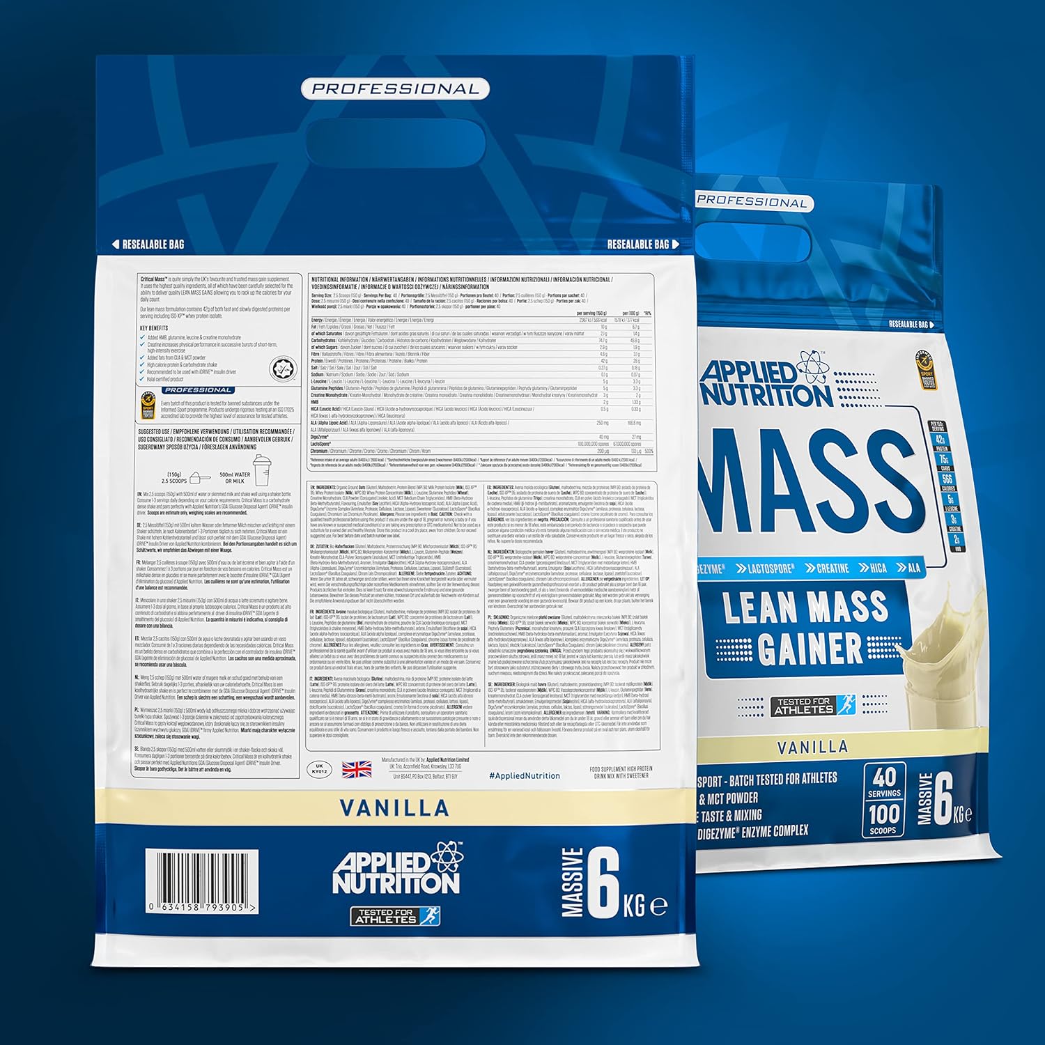 پودر گینر Applied Nutrition مدل Critical Mass، 6 کیلوگرم، طعم وانیل