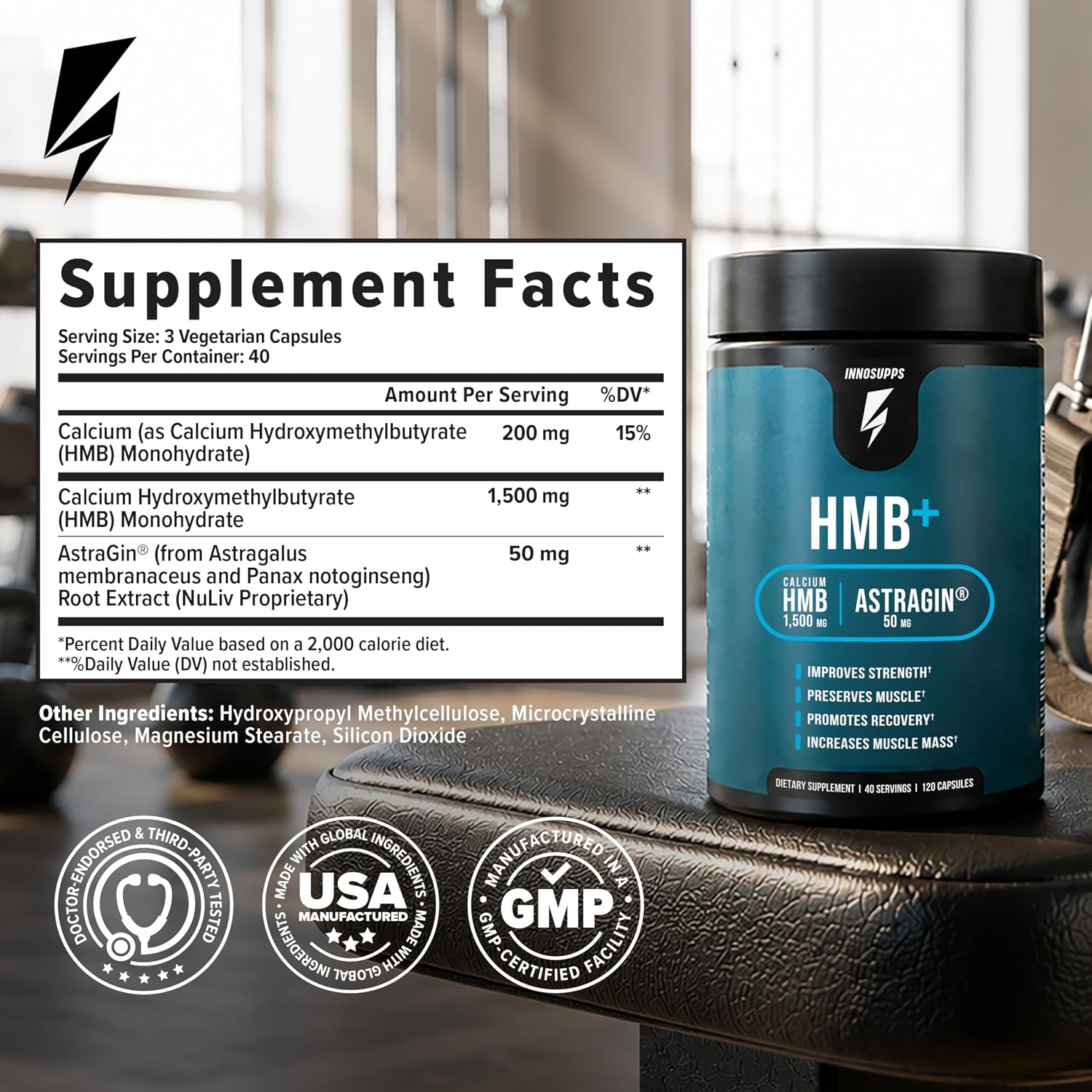 کپسول HMB InnoSupps مدل HMB+، 1500 میلی‌گرم HMB، 150 کپسول